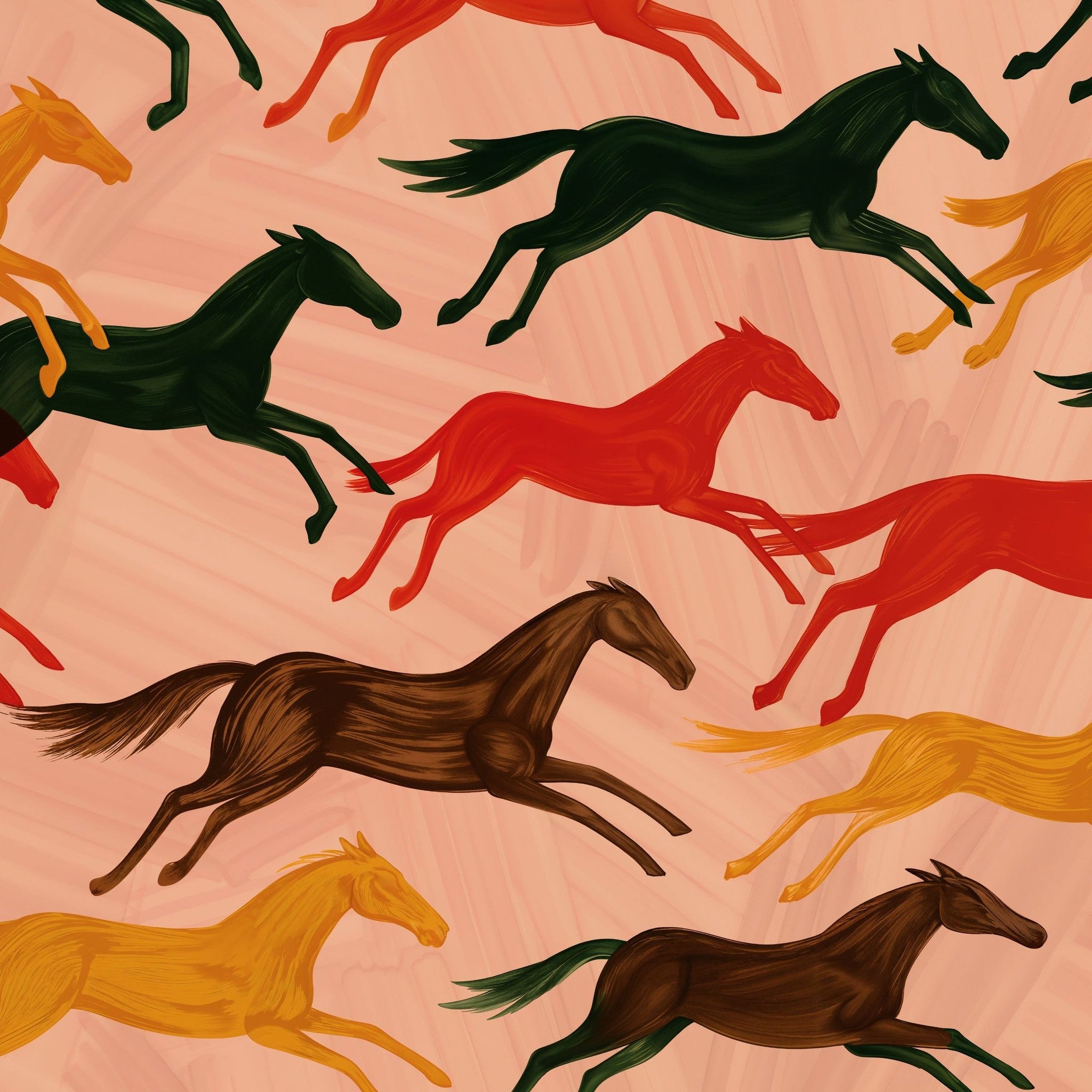 Colorful galloping horses on a pastel background wallpaper pattern.