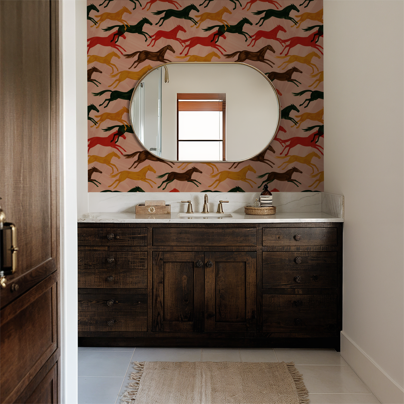 Colorful horse pattern wallpaper in bathroom with wooden vanity and round mirror.