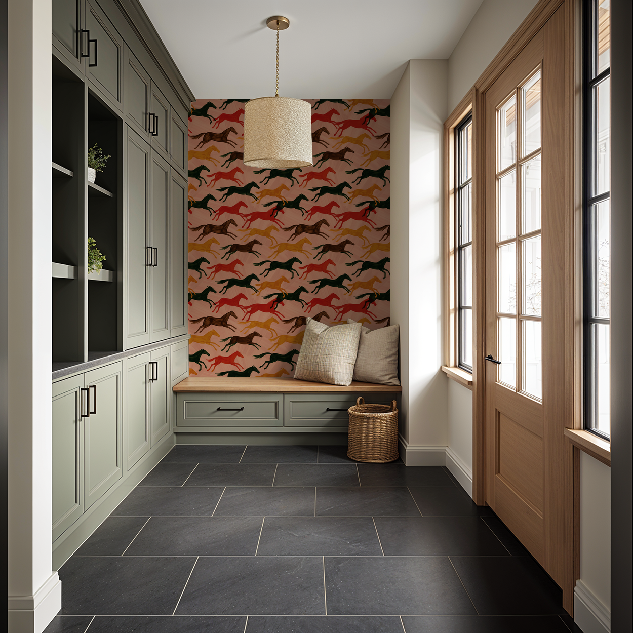 Colorful horse pattern wallpaper in a modern entryway with green cabinets and bench.