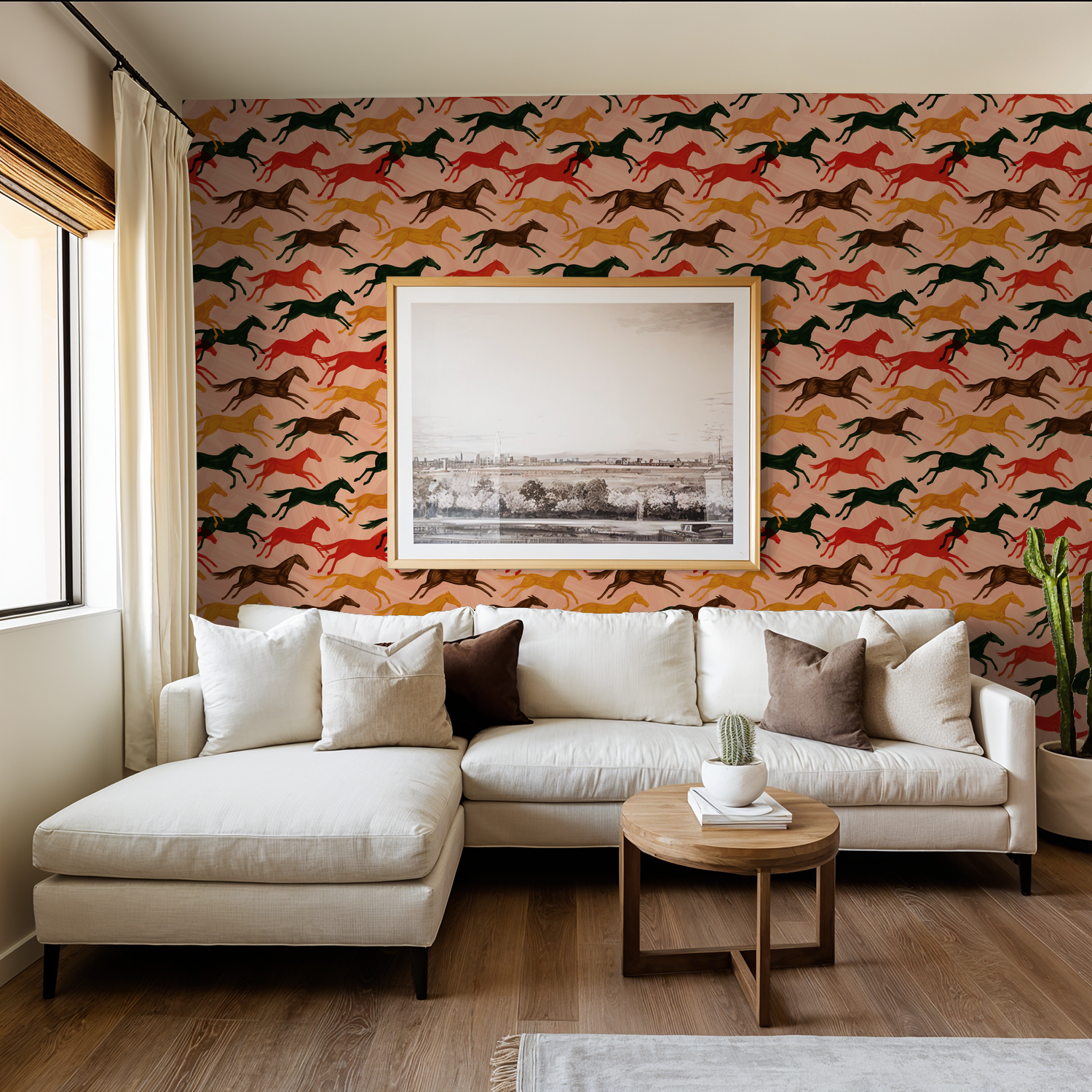 Colorful horse pattern wallpaper in modern living room with white sofa and art.