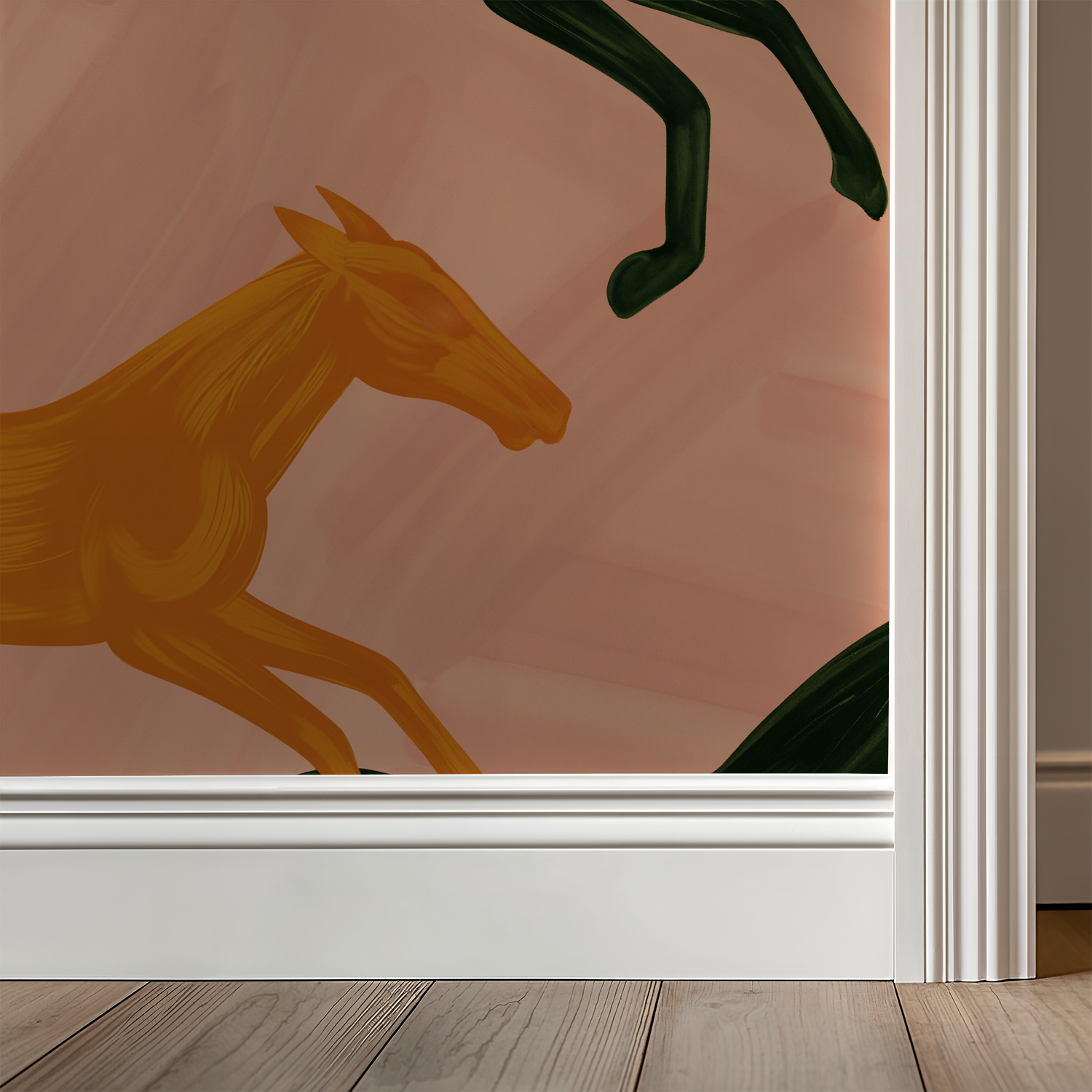 Colorful horse pattern wallpaper with vibrant hues in a modern room setting.