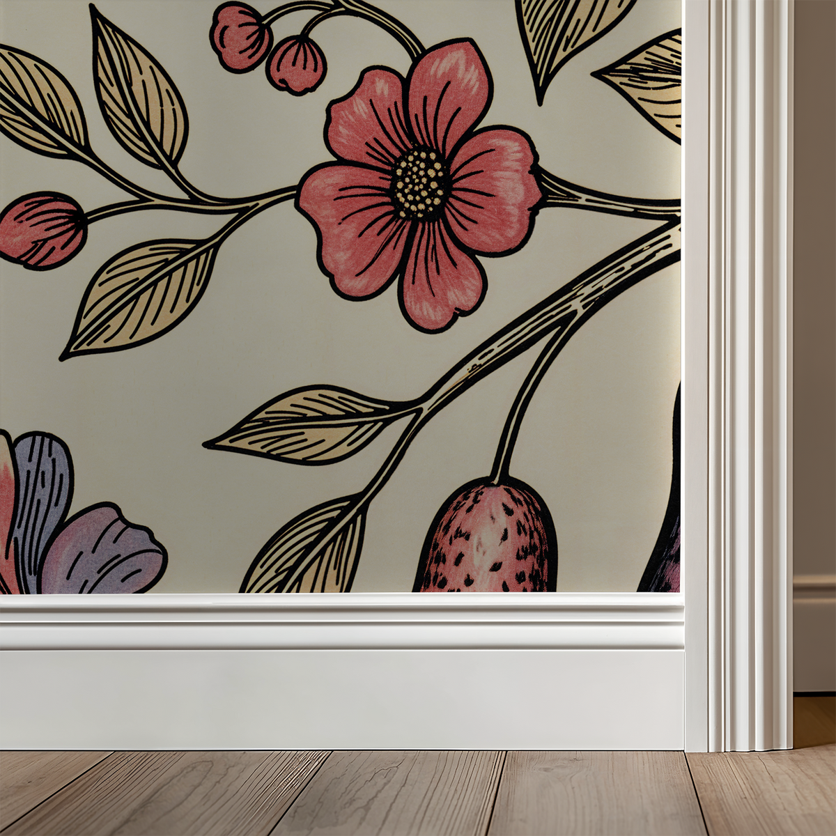 Floral wallpaper with coral flowers and pear motifs on a creamy background.