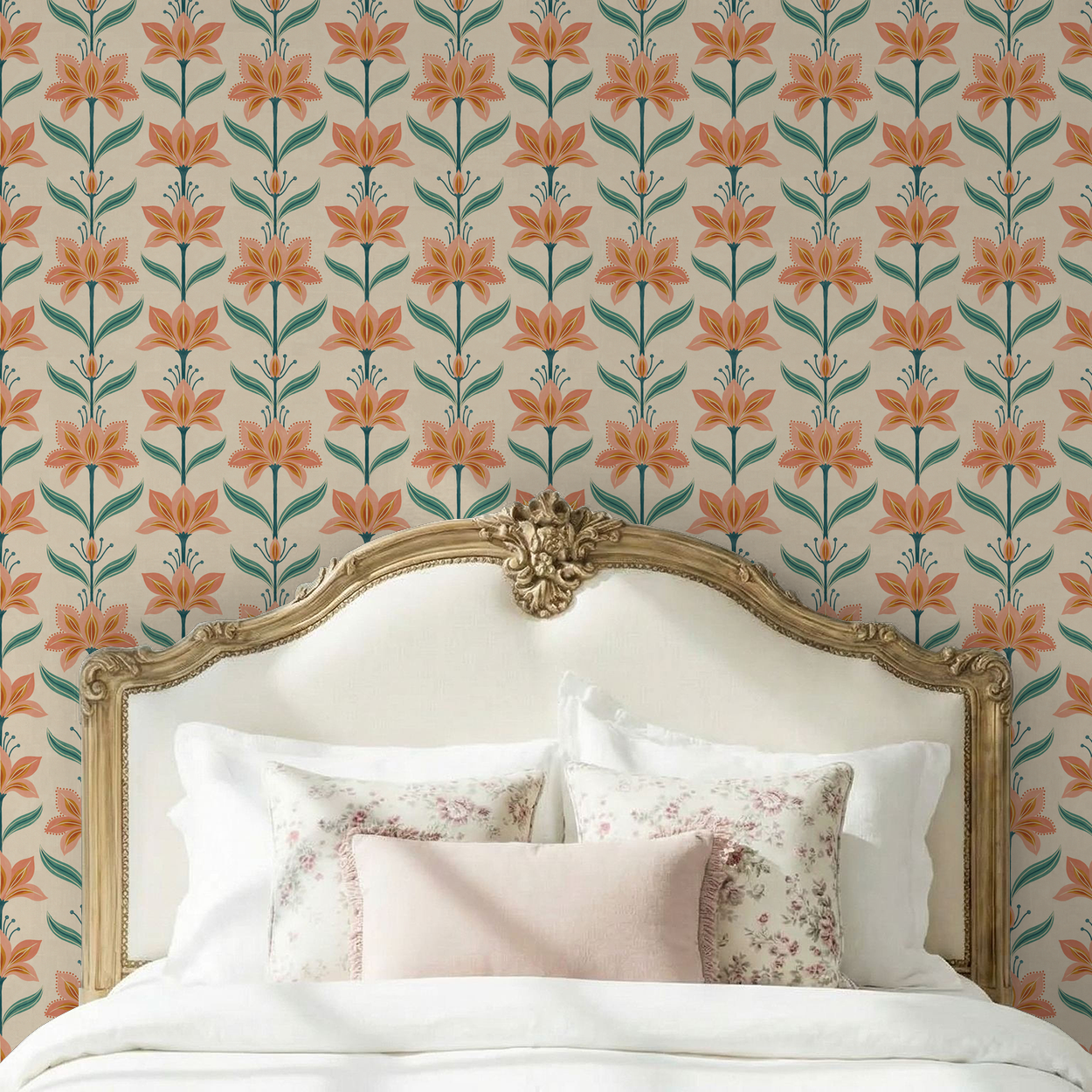 Coral floral wallpaper with teal and ochre accents in elegant bedroom setting.