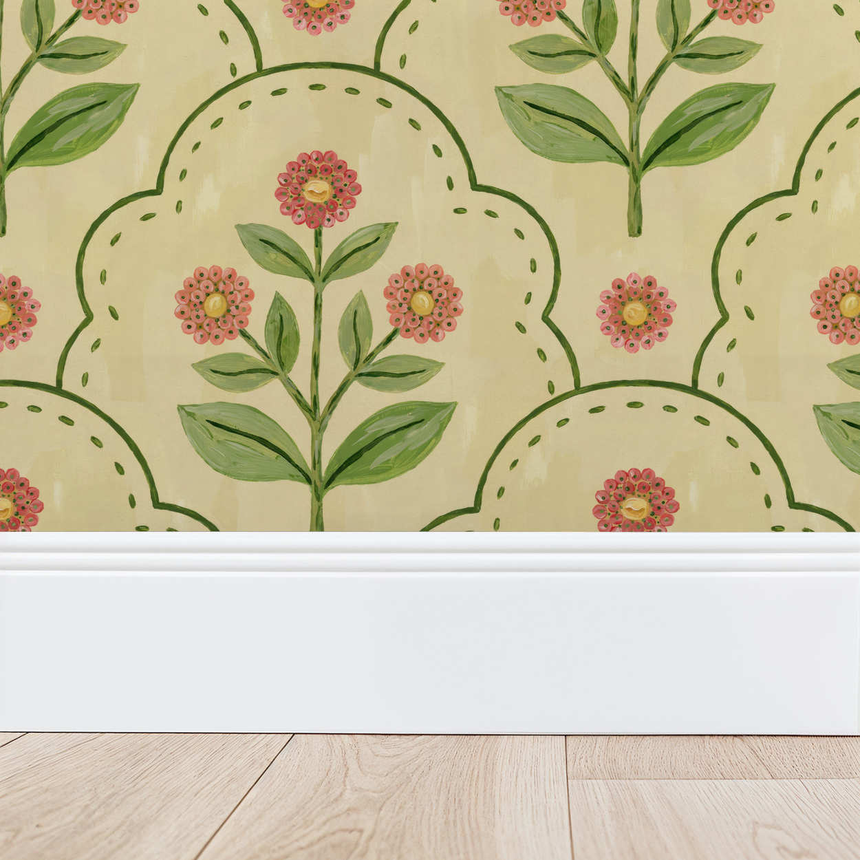 Floral wallpaper with coral flowers and green leaves on a creamy background