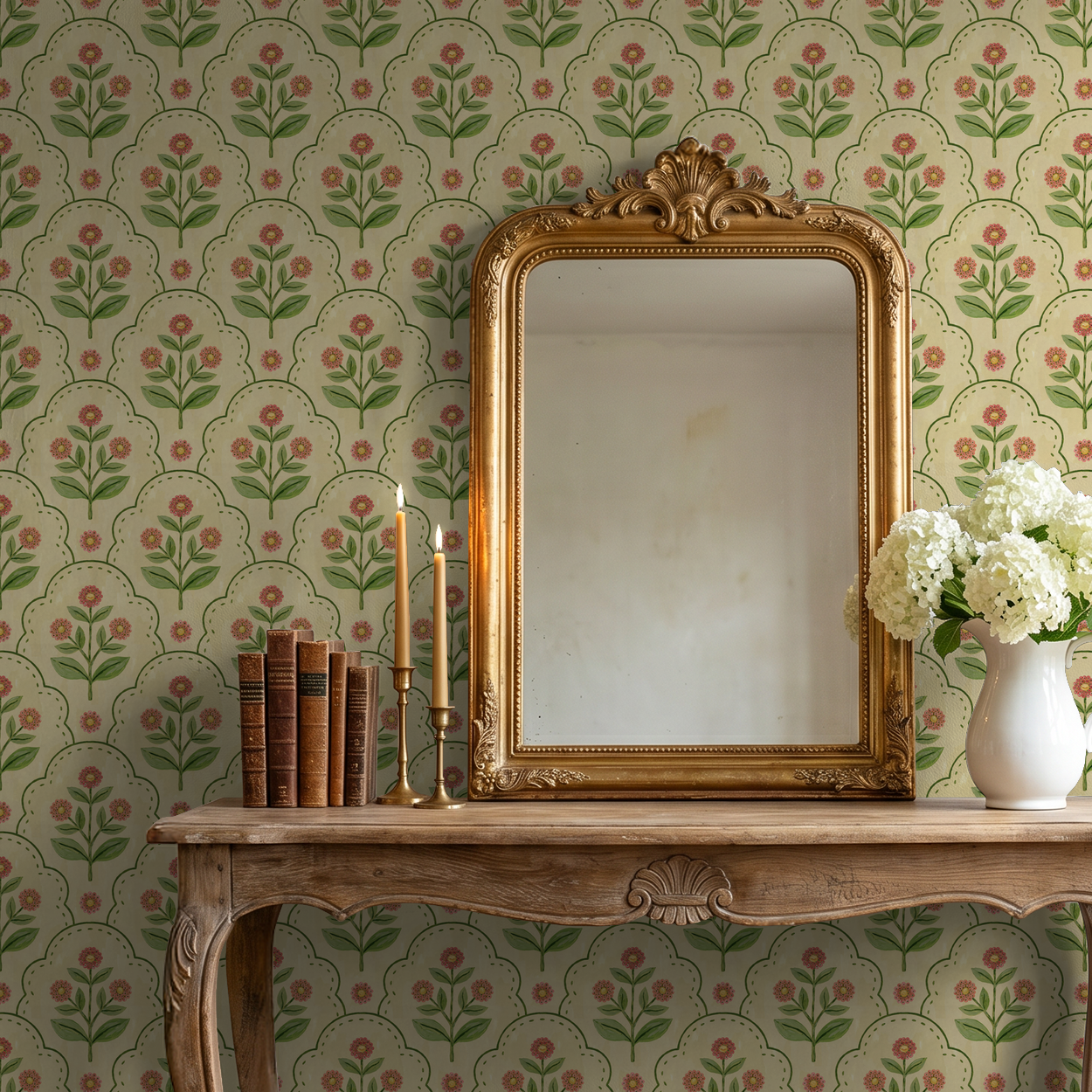 Floral wallpaper with coral and green motifs in vintage room setting.