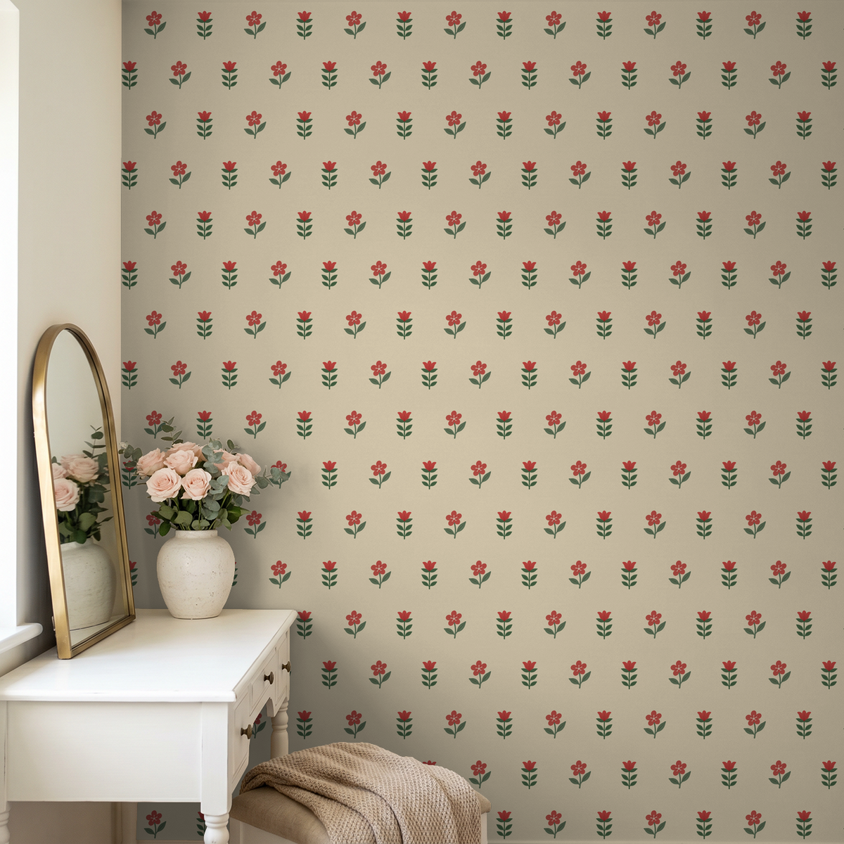 Cottage Bloom Charm wallpaper with red floral pattern on cream background in cozy room setting.