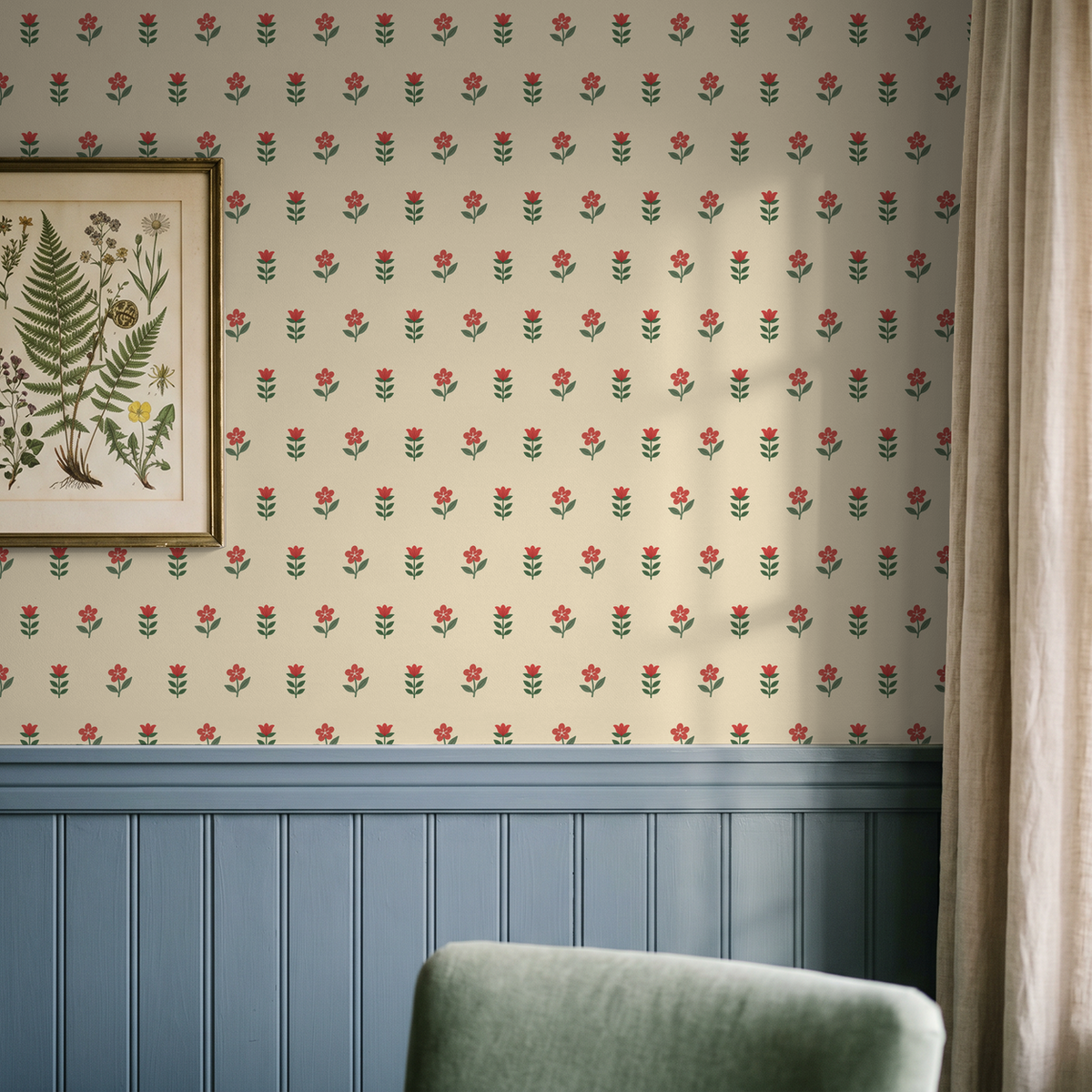Cottage Bloom Charm wallpaper with red florals on cream background in cozy room.