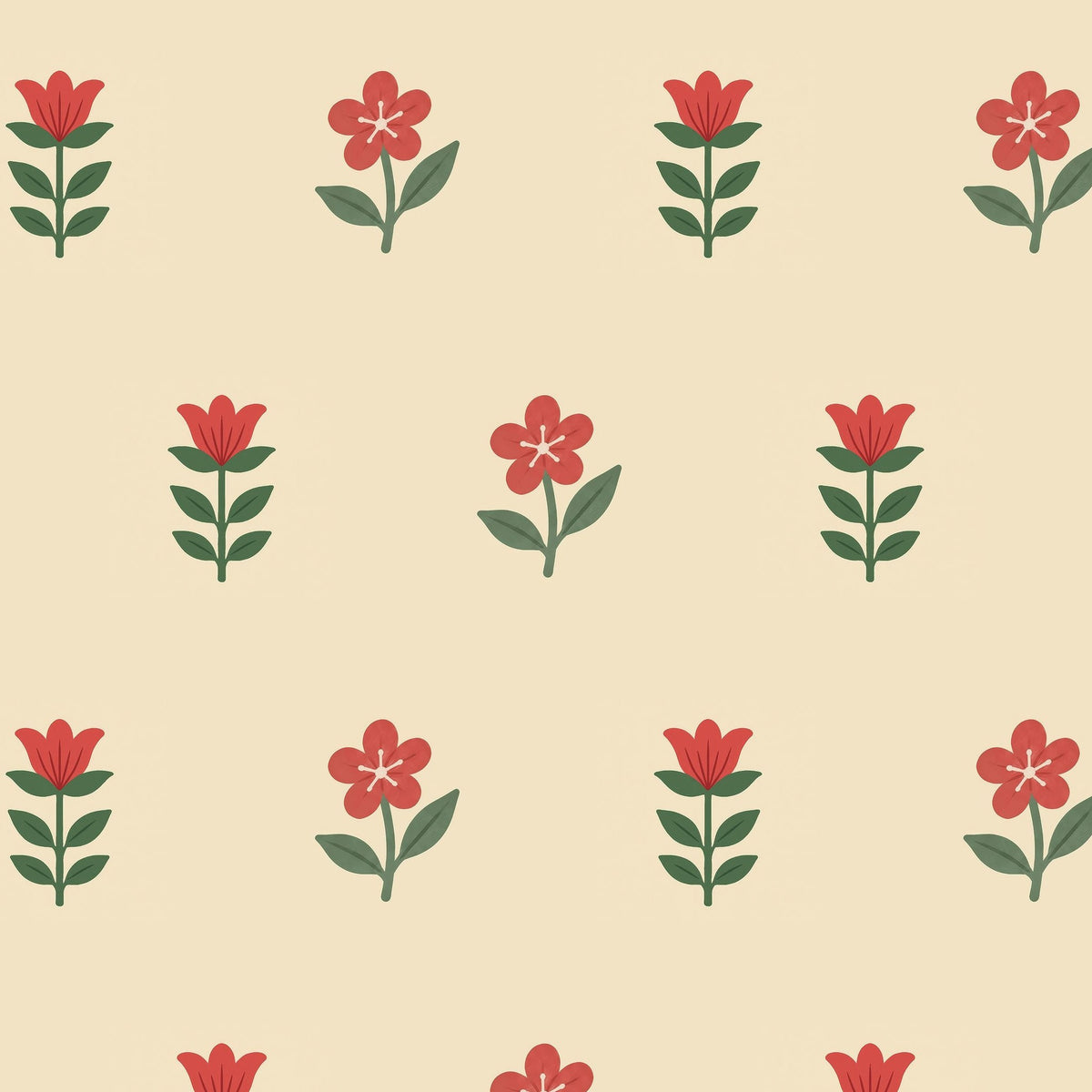 Cottage Bloom Charm wallpaper with red floral pattern on cream background.