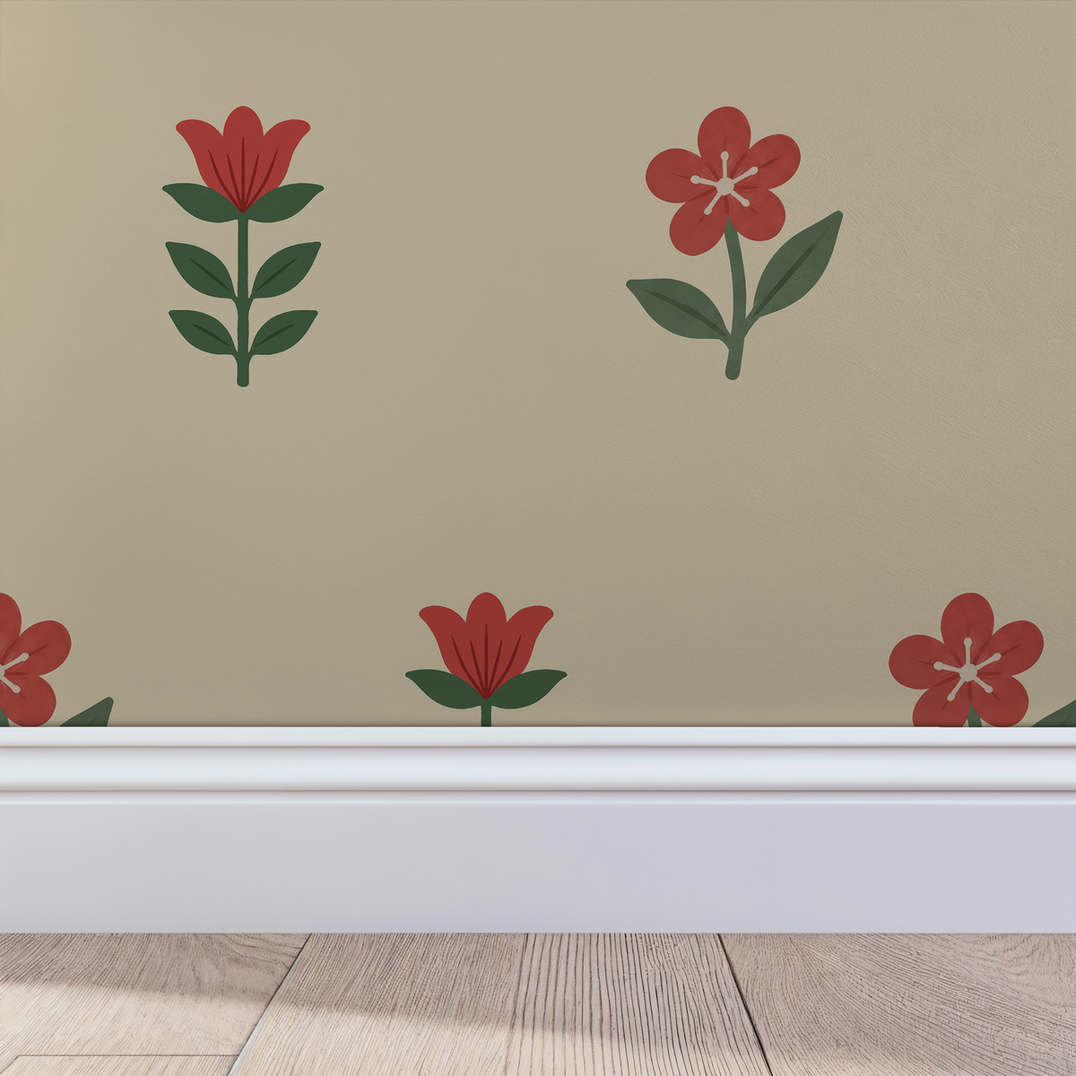 Cottage Bloom Charm wallpaper with red florals on cream background in room mockup.
