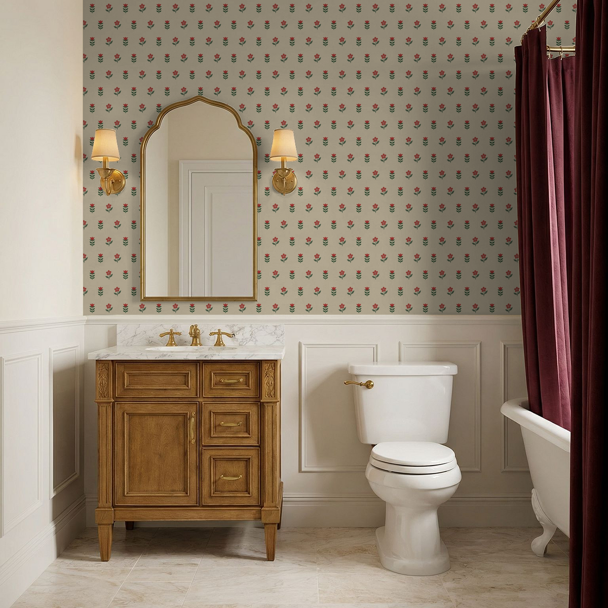Cottage Bloom Charm wallpaper with red florals on cream in vintage bathroom setting.