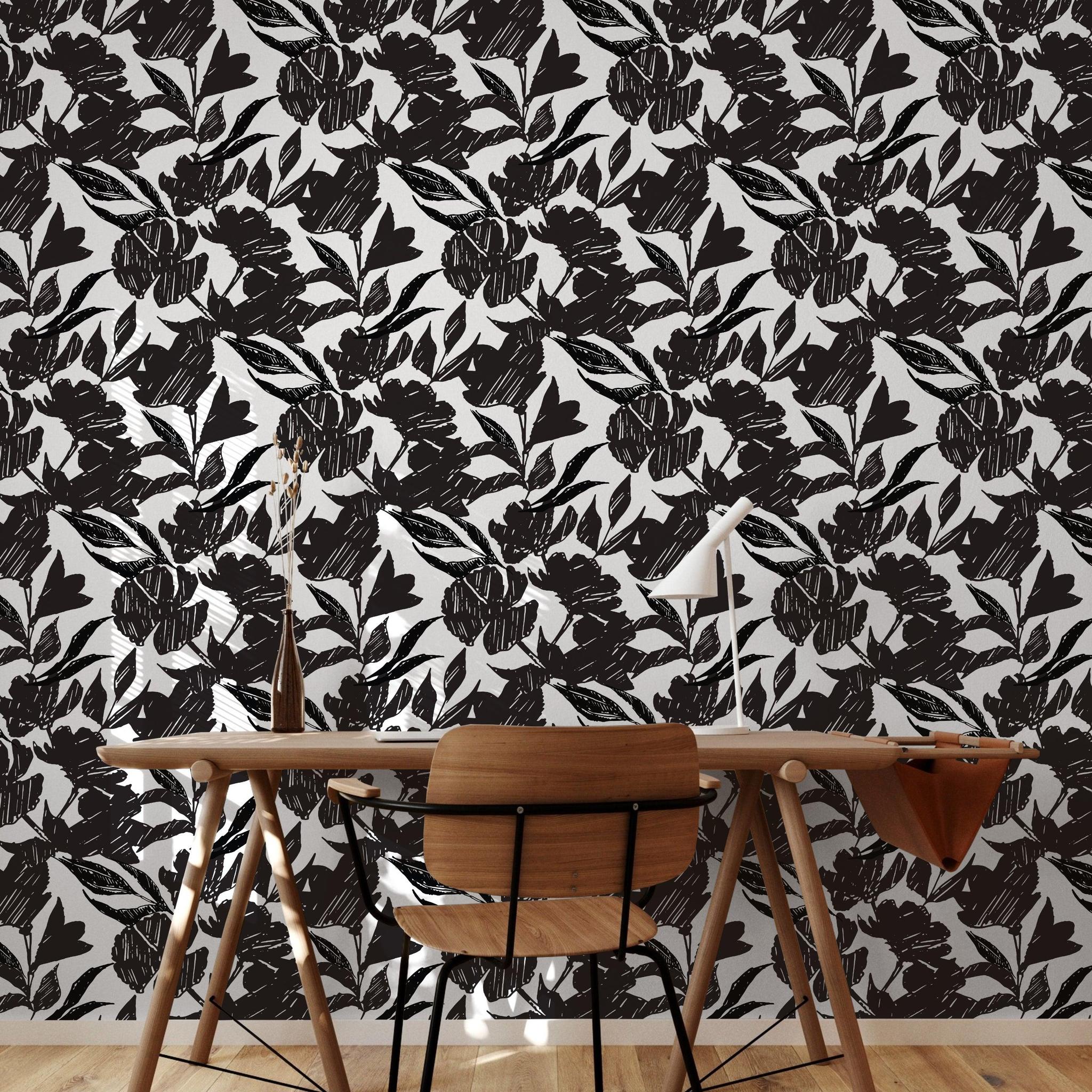 Couture Wallpaper by Wall Blush SG02 showcasing a modern botanical print in a home office setting.
