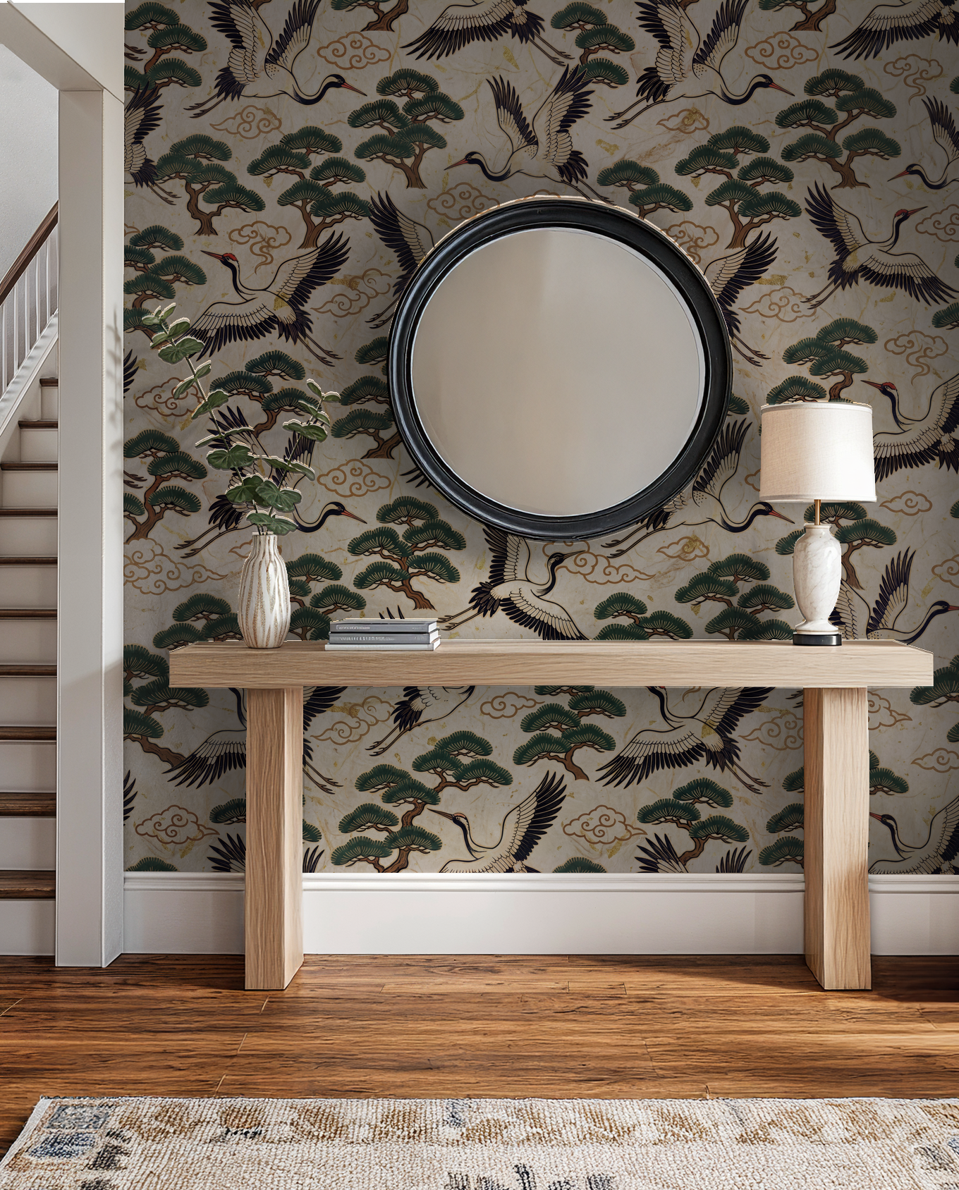 Elegant crane and pine tree wallpaper in a modern hallway with mirror and lamp.