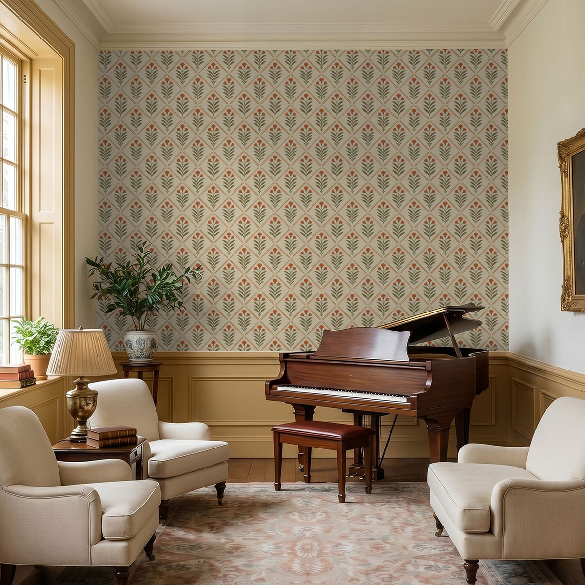 Cream wallpaper with olive green leaves and terracotta blooms in elegant living room with piano.