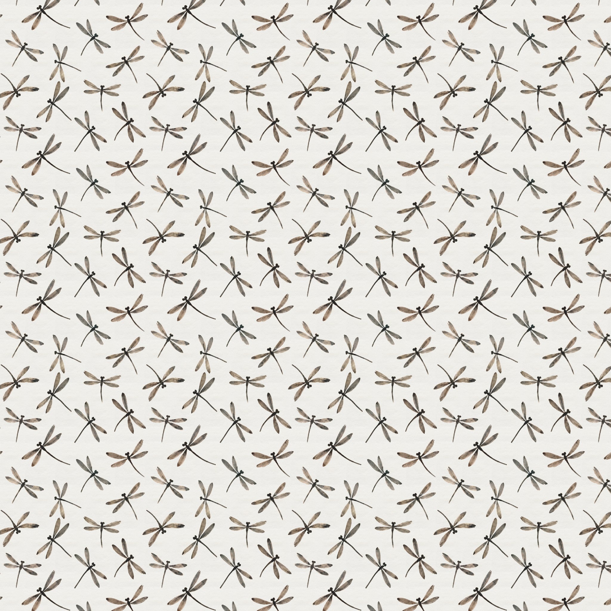 Cream wallpaper with delicate dragonfly pattern in soft muted tones.