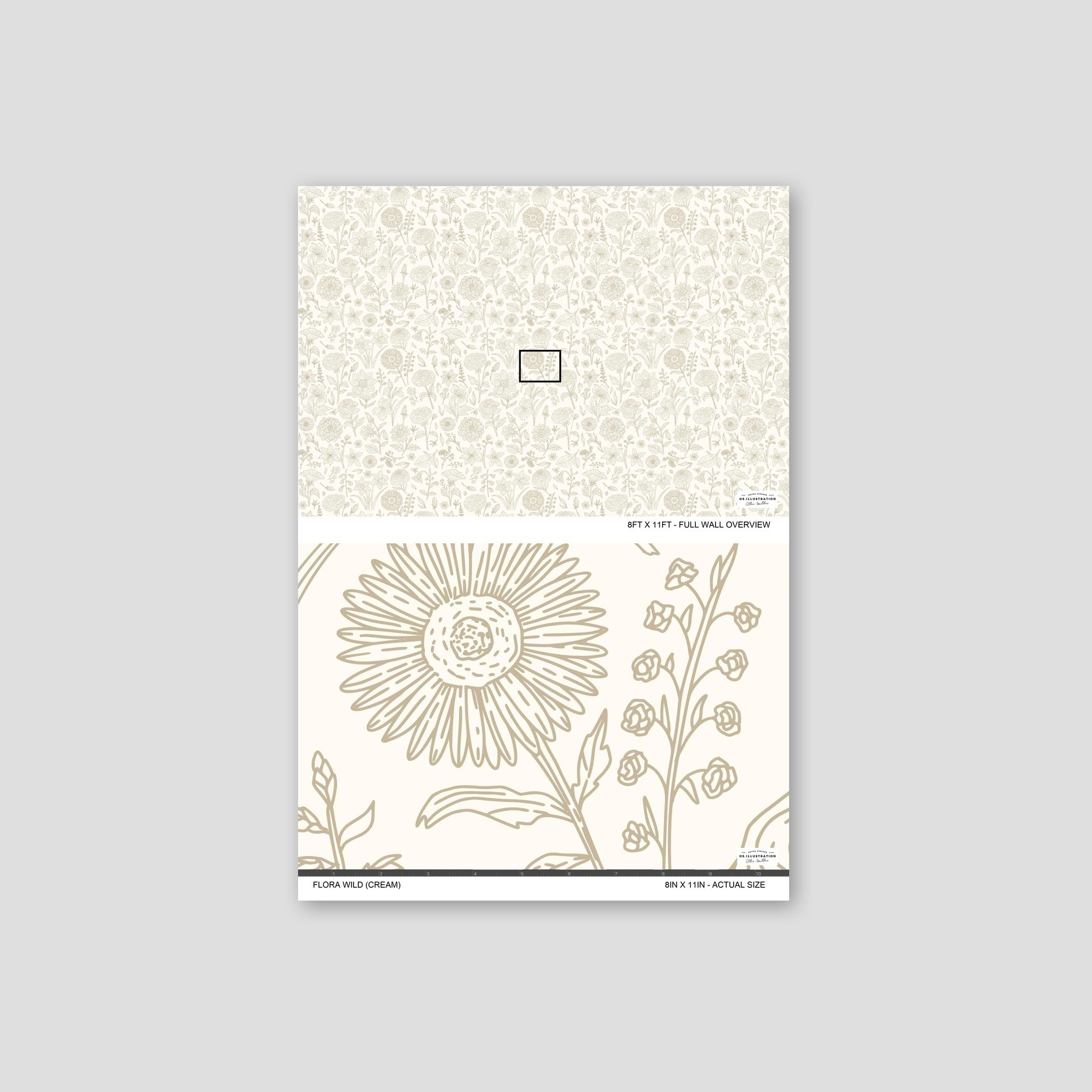 Cream floral wallpaper with intricate botanical sketches and delicate blooms.