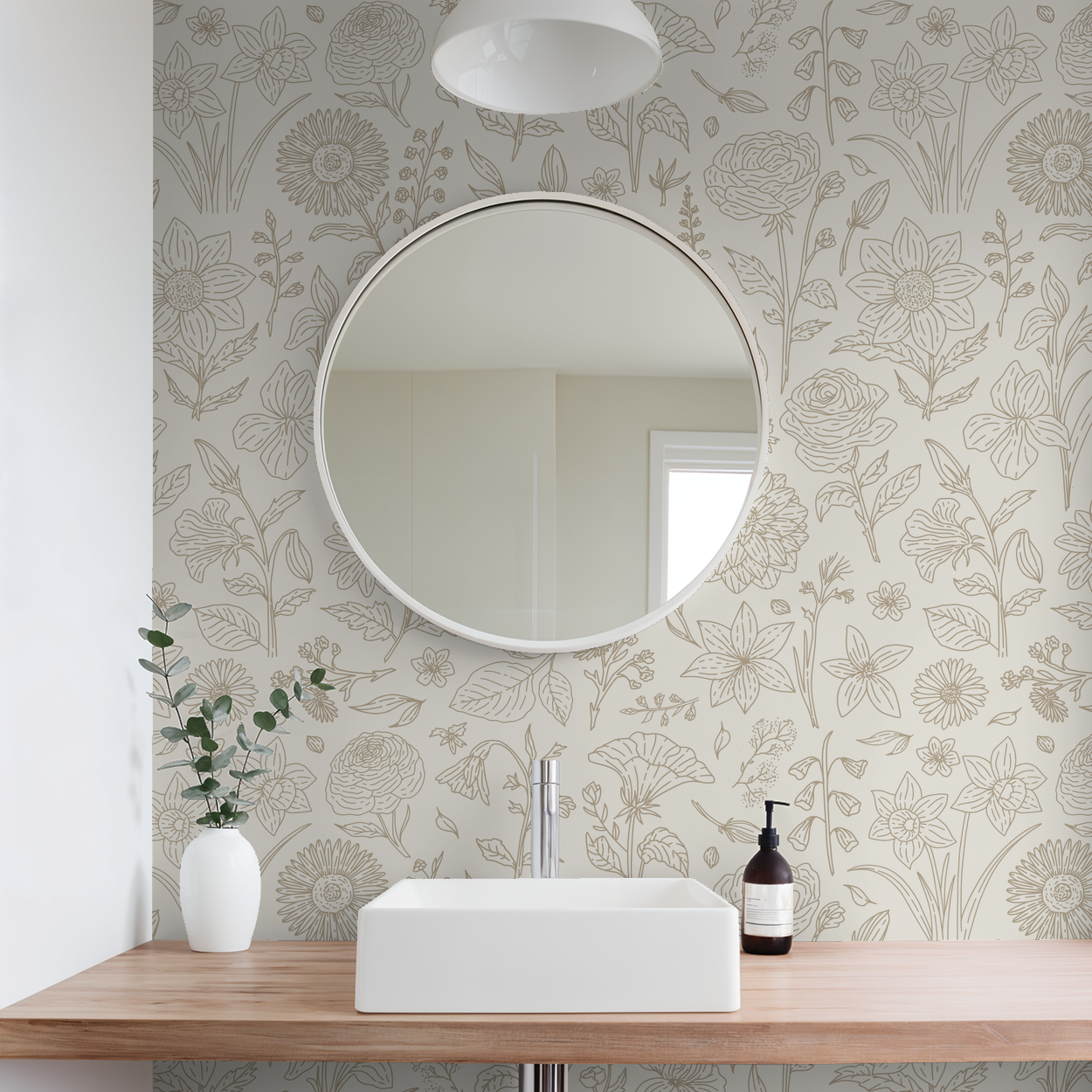 Cream floral wallpaper with intricate sketches in a modern bathroom setting.