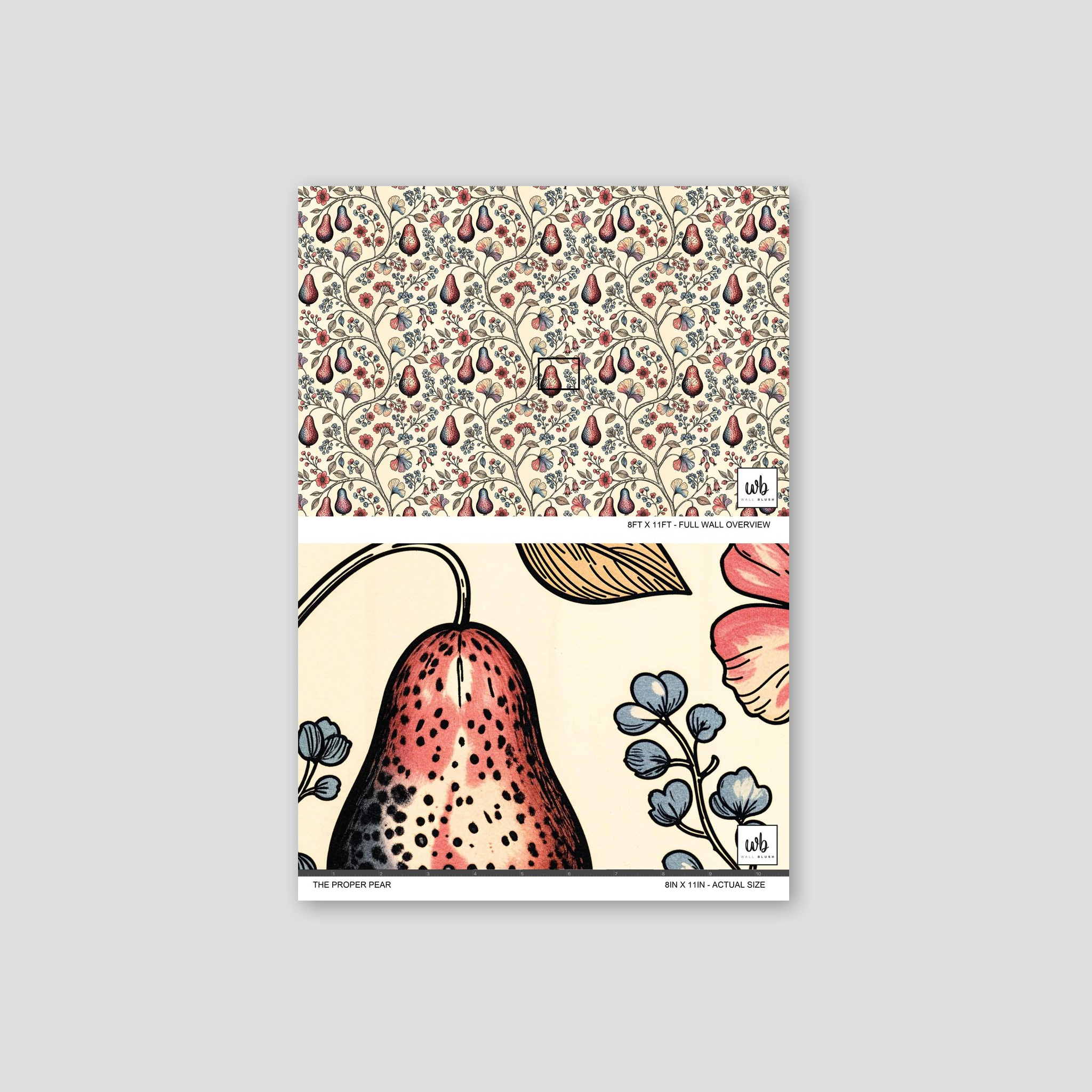 Creamy wallpaper with coral and blue pear motifs and floral patterns.