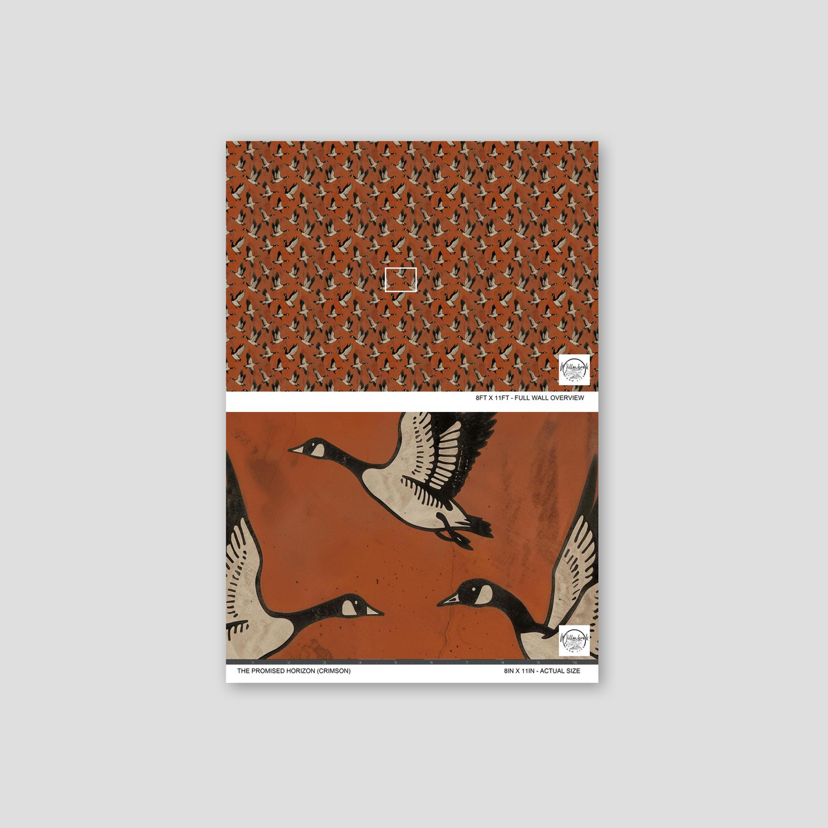 Crimson wallpaper with flying geese pattern, bold and dynamic design.