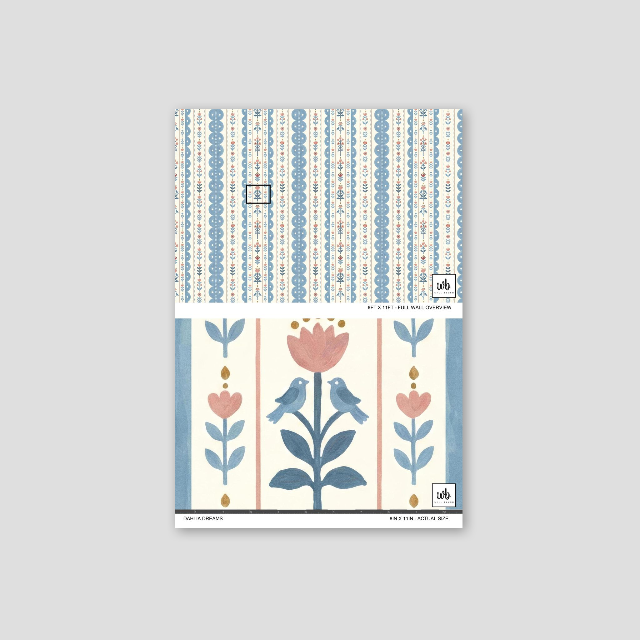 Dahlia Dreams wallpaper with blue and coral floral stripes and birds.