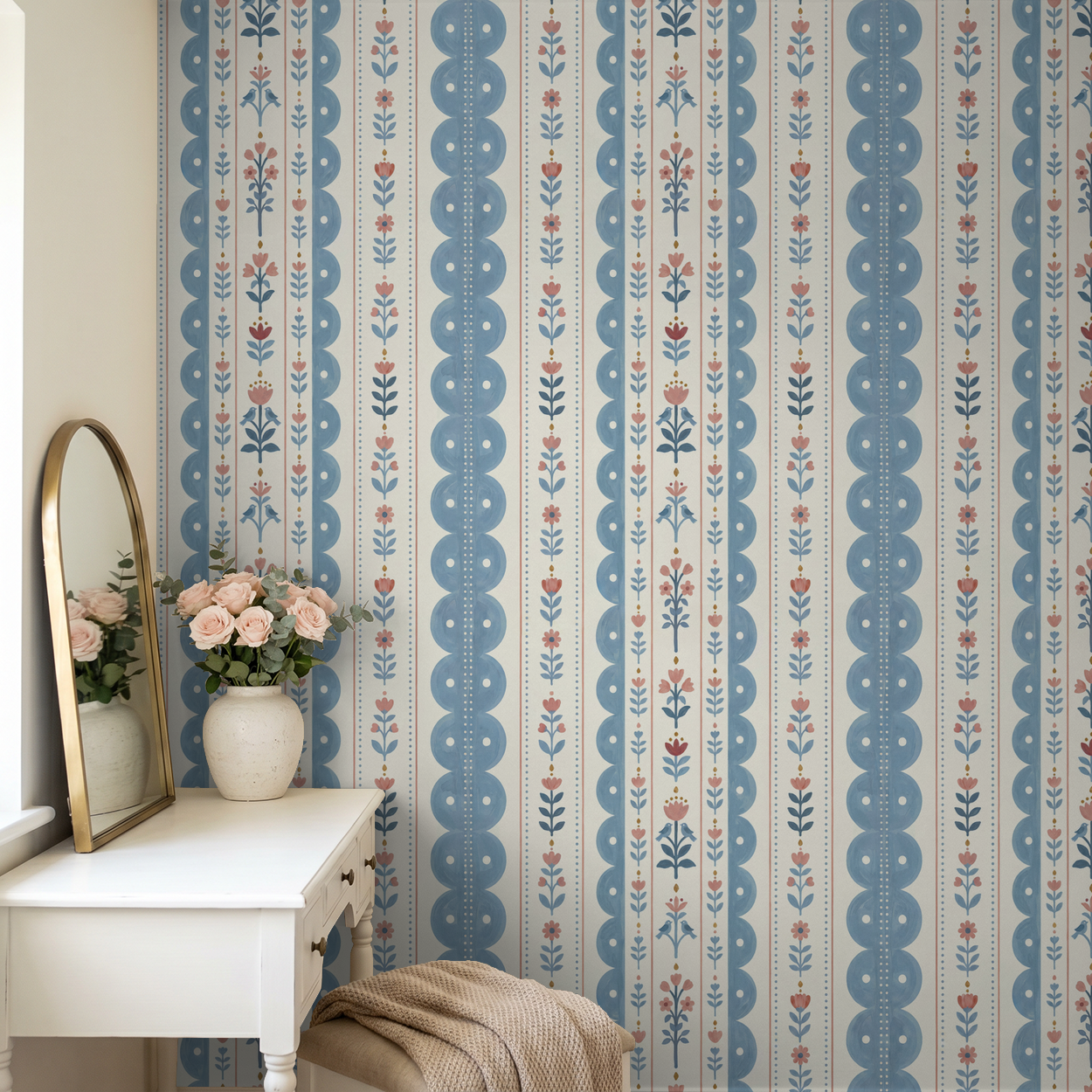 Dahlia Dreams wallpaper with blue and coral floral stripes in cozy room setting.
