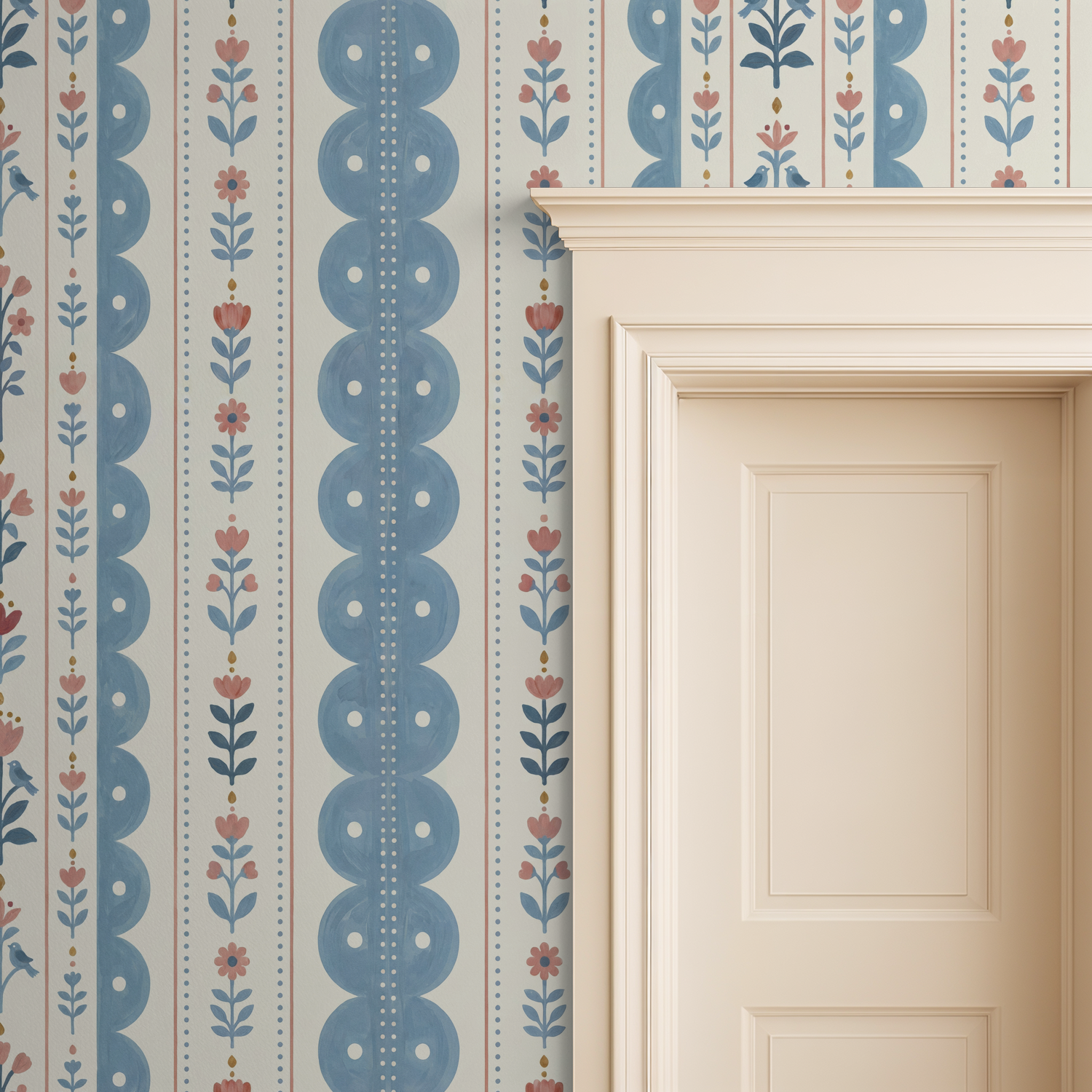 Dahlia Dreams wallpaper with blue scalloped stripes and coral floral pattern in a room setting.