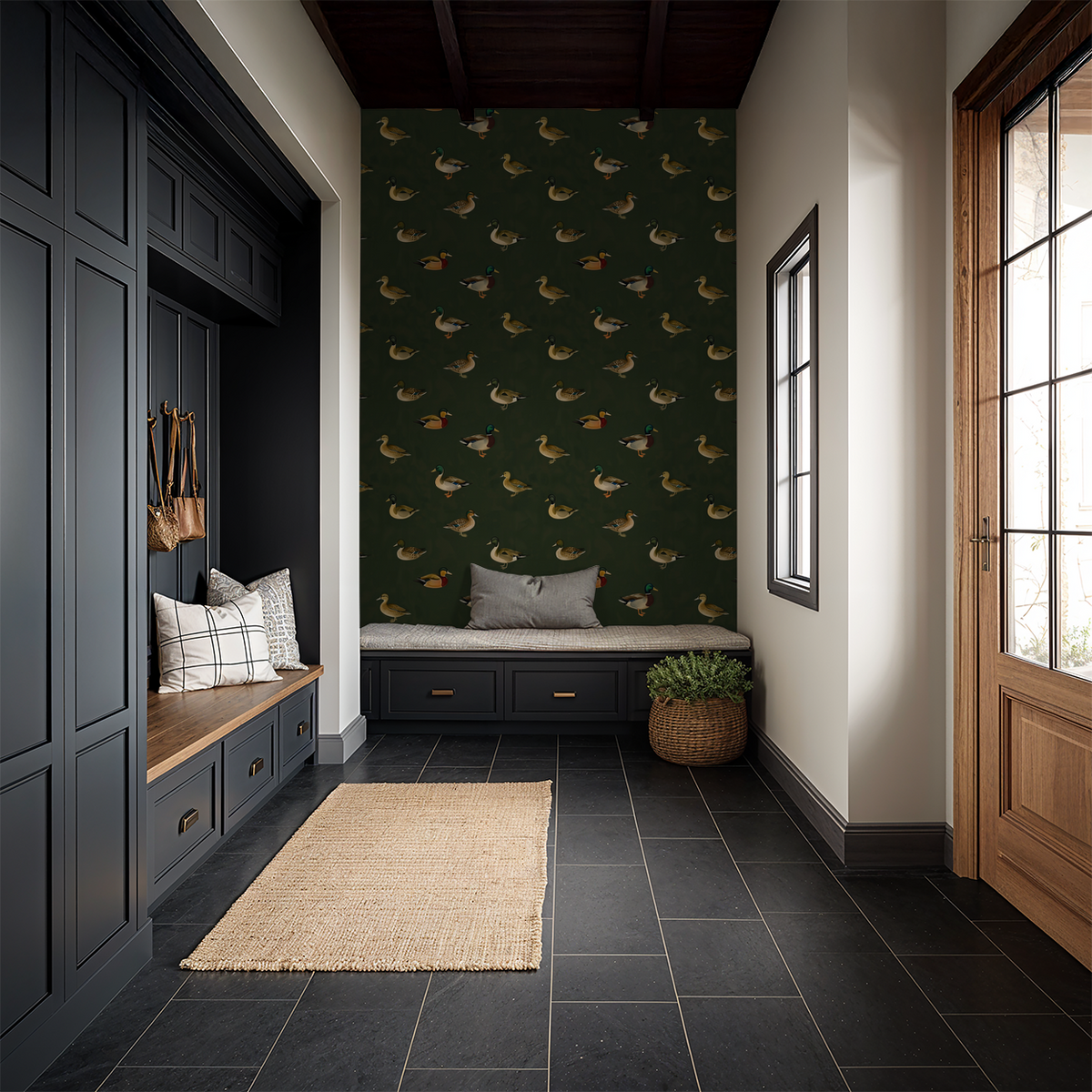 Dark green wallpaper with mallard ducks in a cozy mudroom setting.