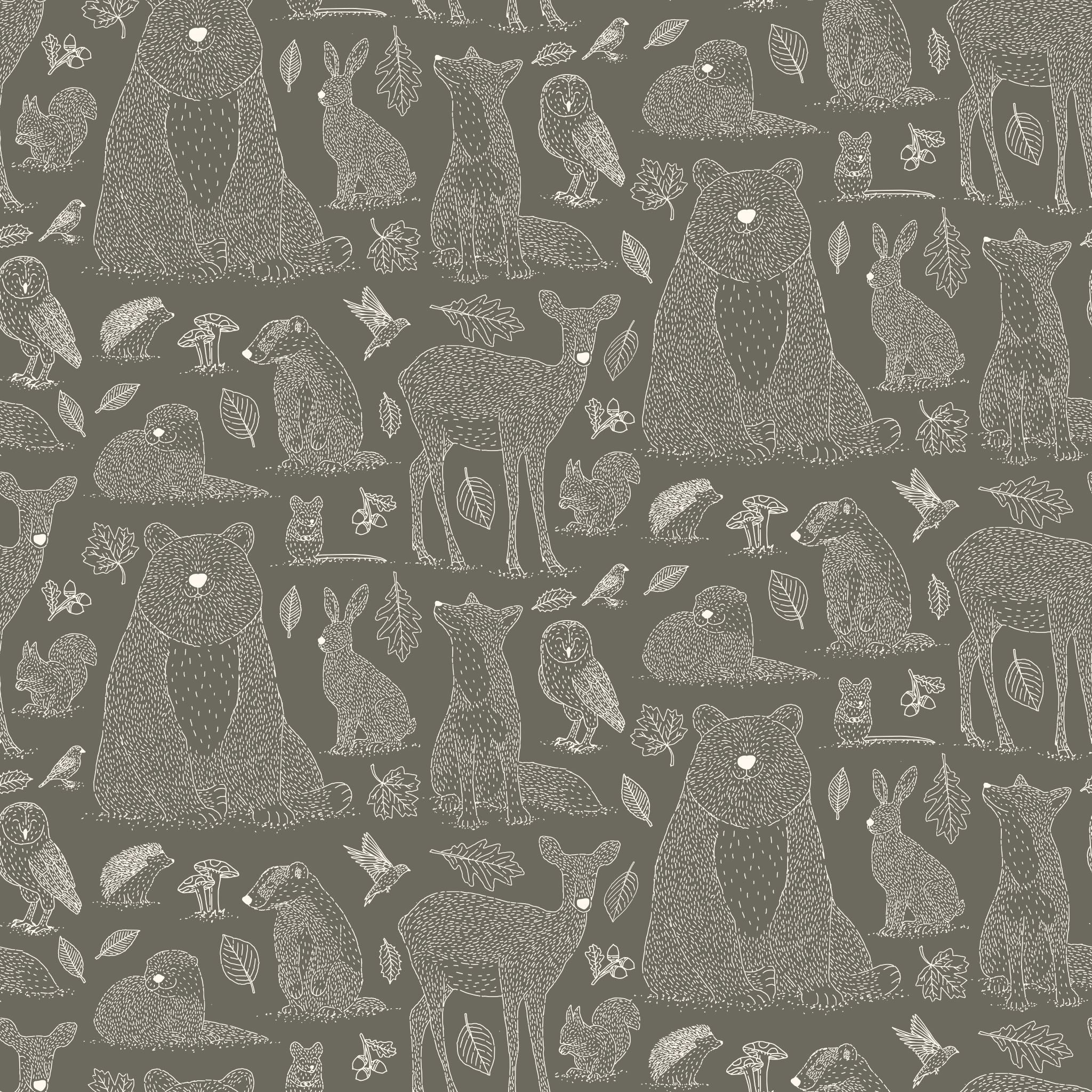 Woodland (Dark) Wallpaper by Wall Blush installed in a nursery, highlighting whimsical forest animals design.