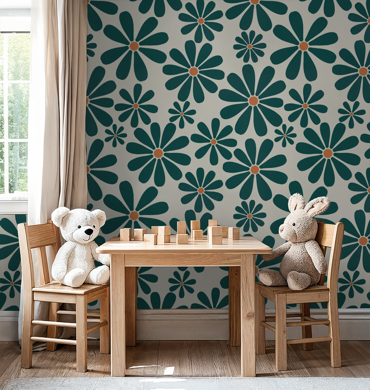 Deep teal floral wallpaper in a playful nursery with wooden furniture and toys.