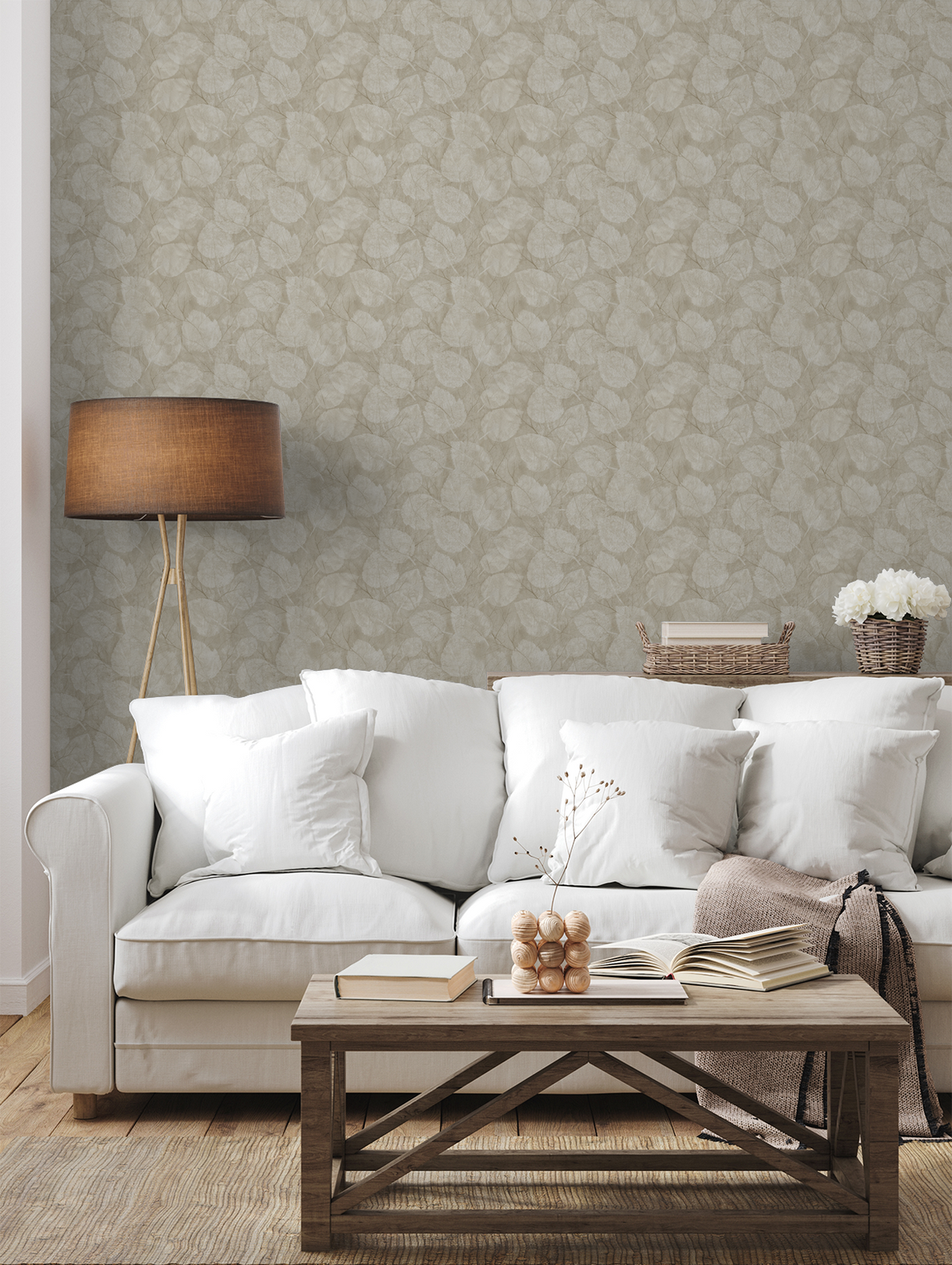 Living room with white sofa and earthy leaf-patterned wallpaper