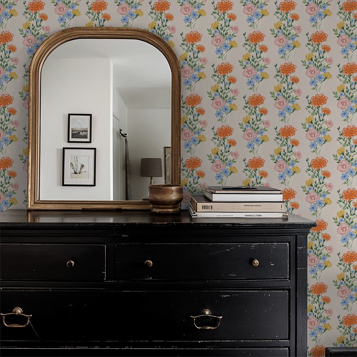 Eden Fields floral wallpaper with orange, pink, and blue flowers in vintage room setting.