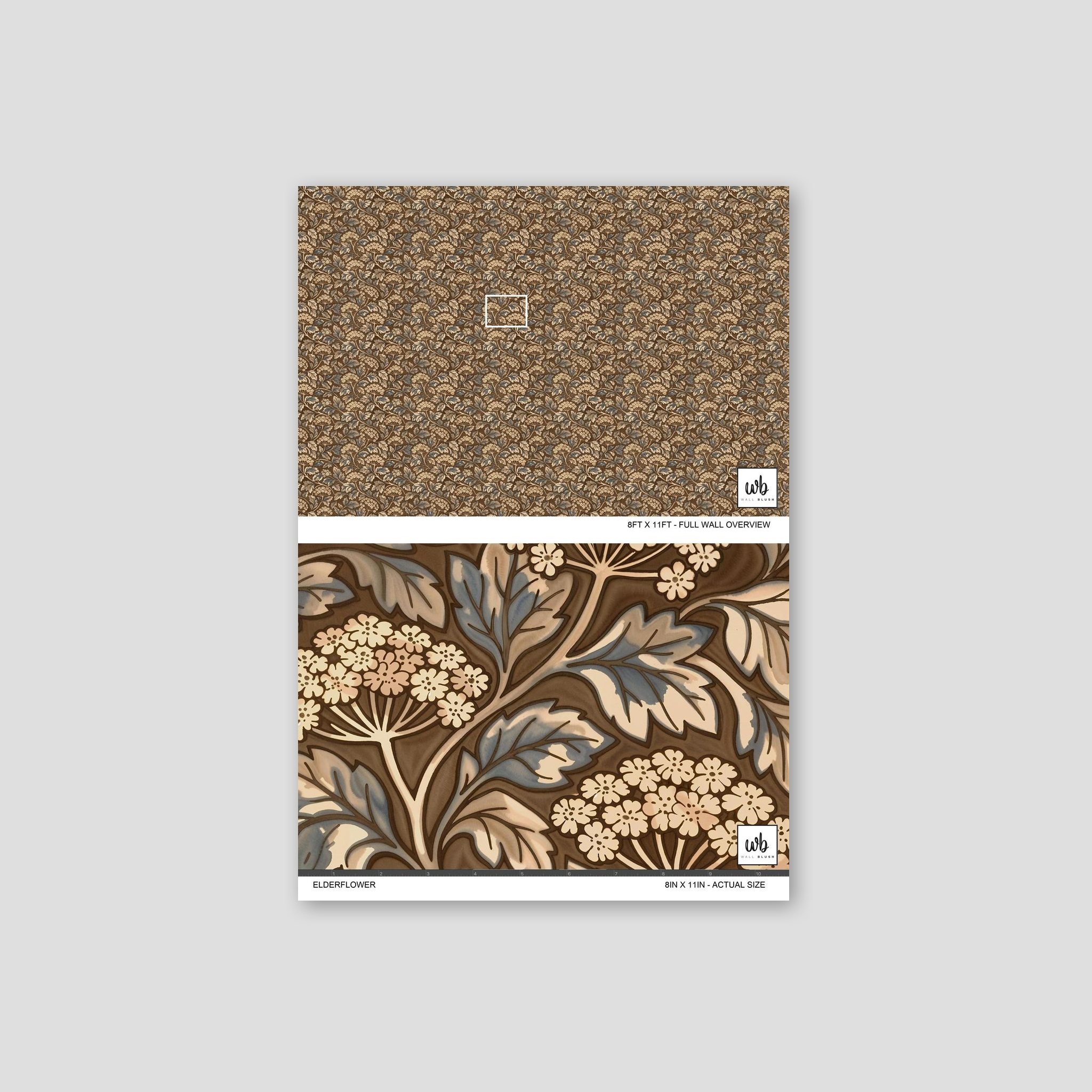 Elderflower wallpaper with brown and blue floral pattern, intricate design.