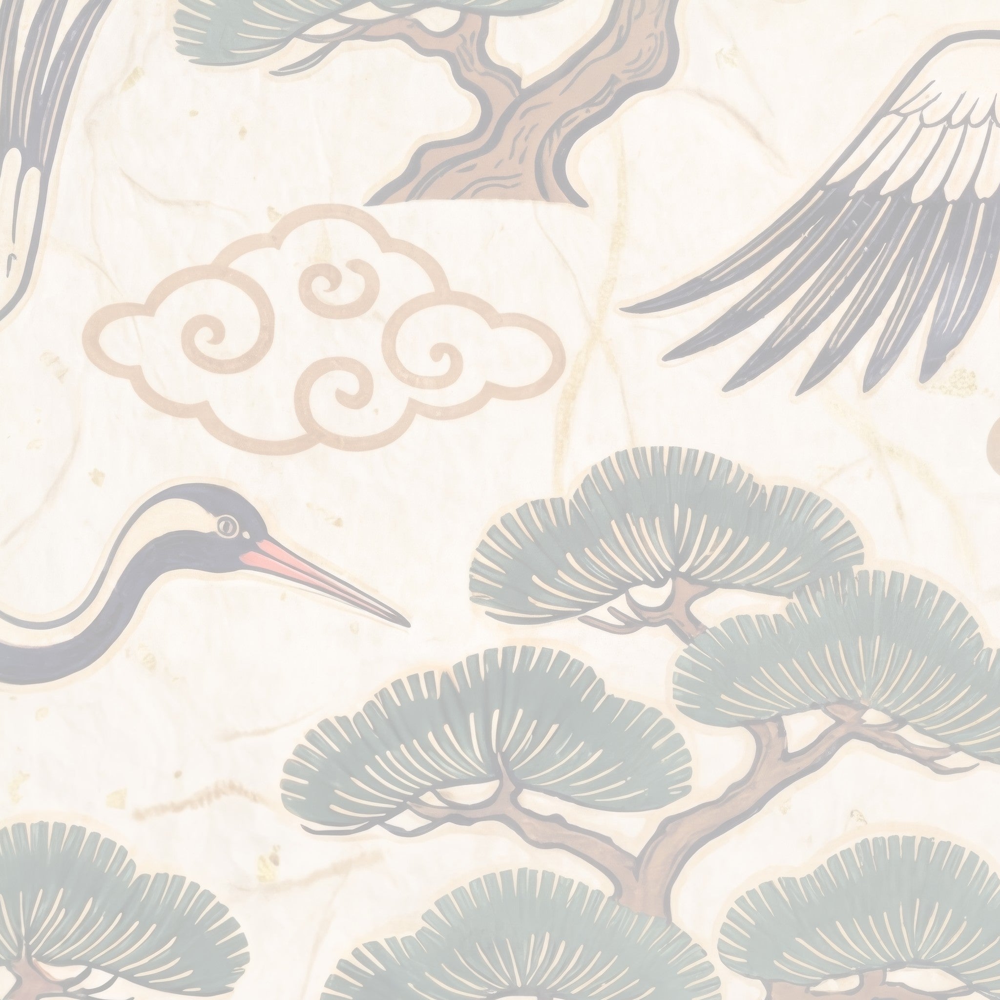 Elegant crane and pine tree wallpaper with soft colors and Asian theme.