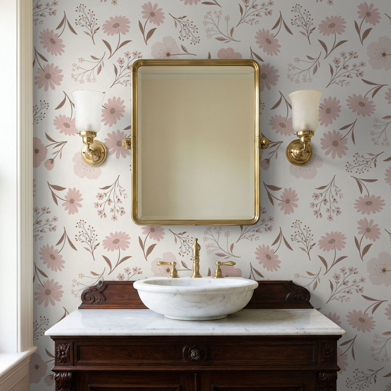 Elegant floral blush wallpaper in a vintage bathroom with gold accents.