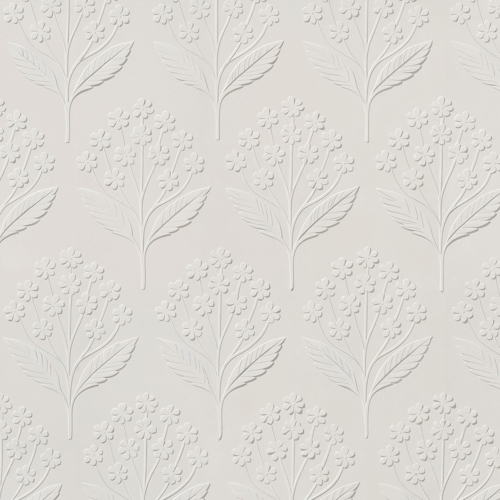 Elegant floral embossed wallpaper with white flowers on a neutral background.