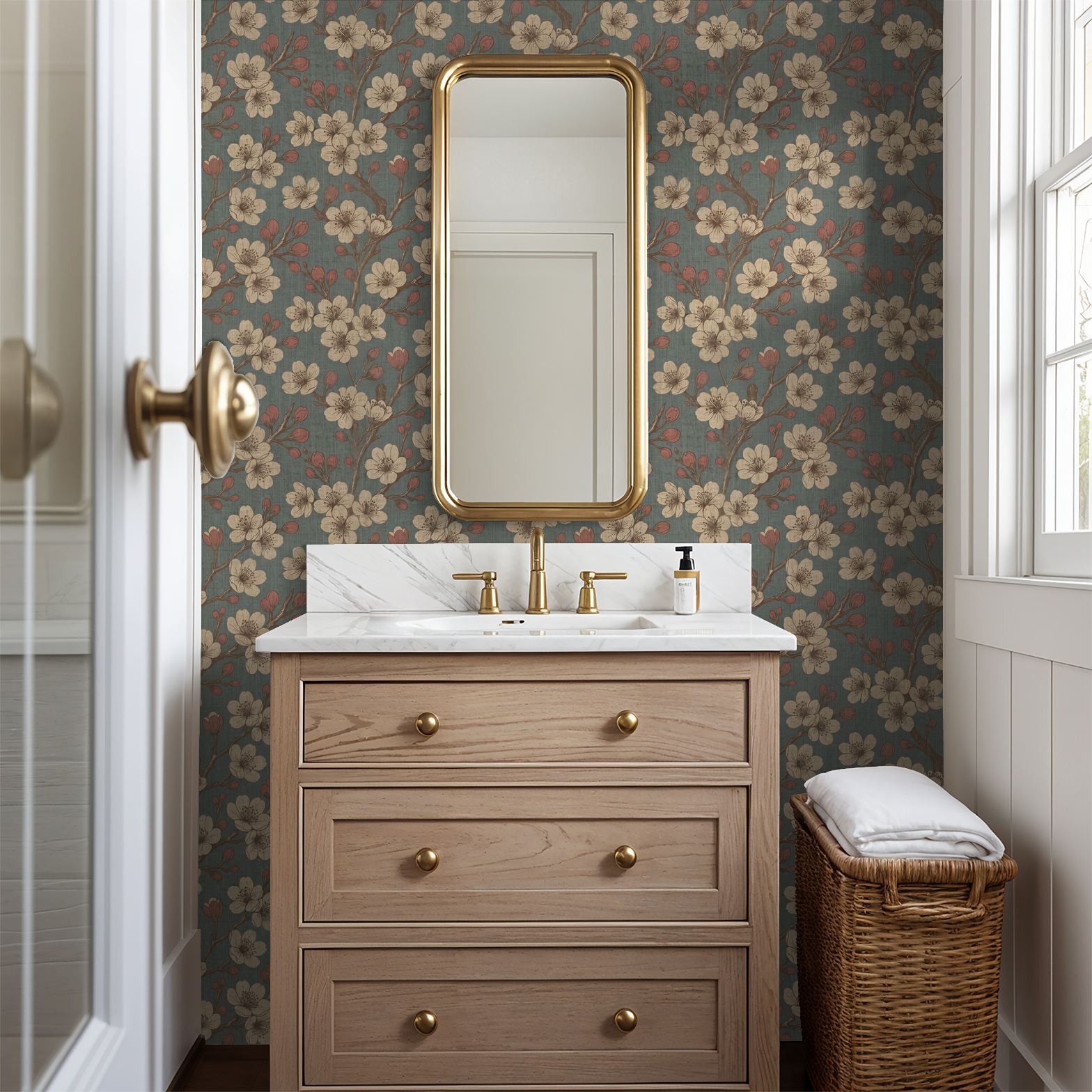 Elegant floral wallpaper with soft hues in a stylish bathroom setting.