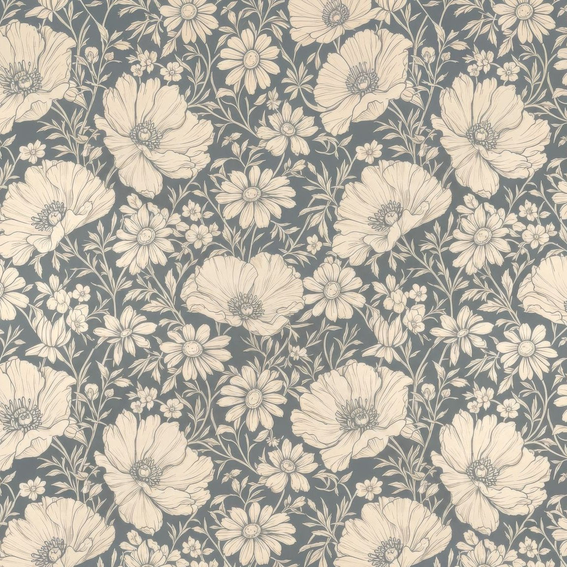 Elegant floral wallpaper with delicate beige flowers on a soft gray background.