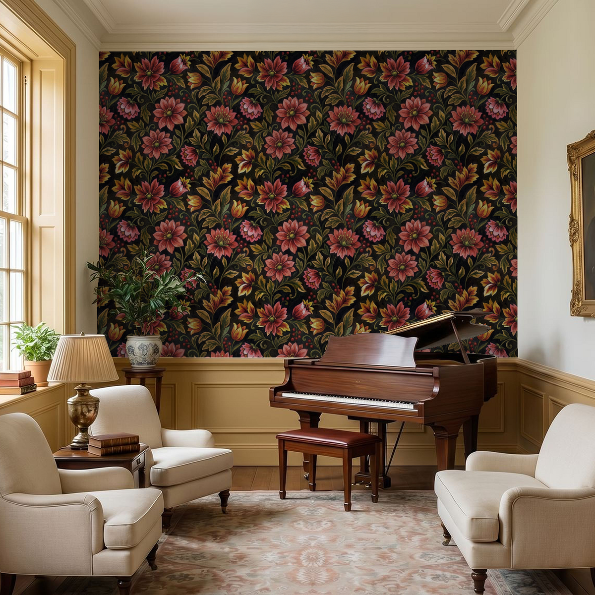 Elegant floral wallpaper with pink and red flowers in a classic living room with piano.