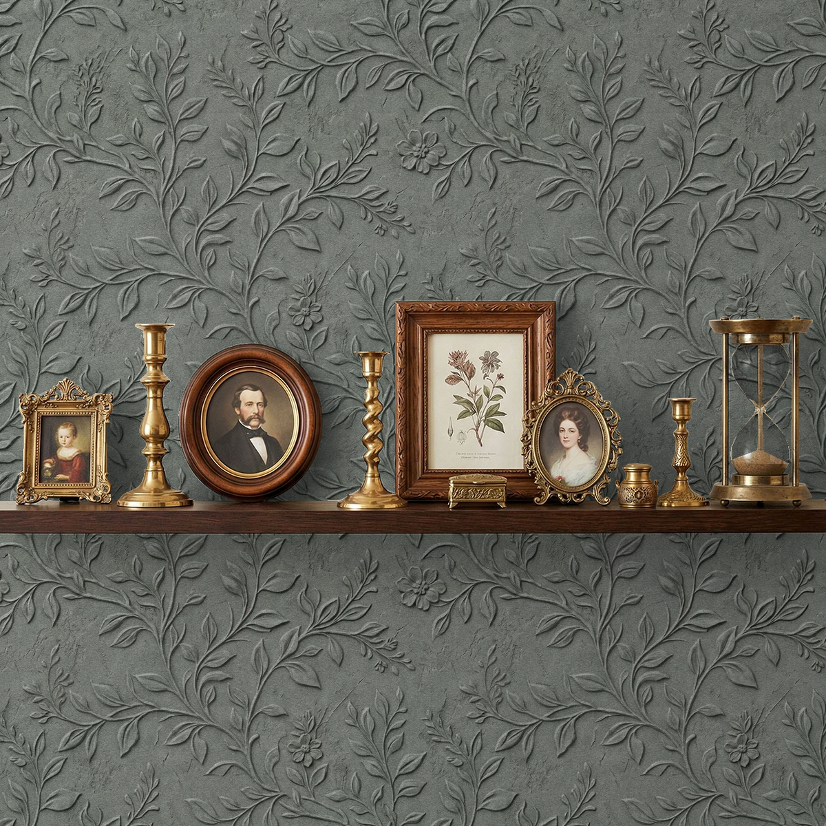 Embossed grey floral wallpaper with vintage decor shelf