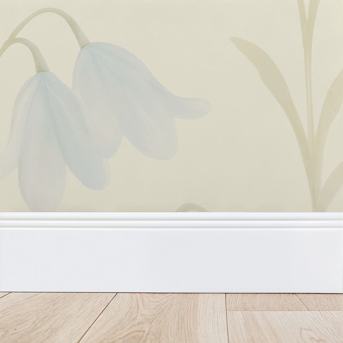 English Bluebells wallpaper with soft blue flowers on cream background in sunlit room.