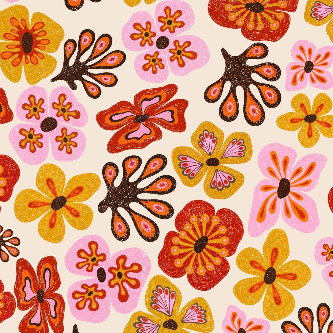 Colorful floral wallpaper with pink, orange, and yellow motifs on a beige background.