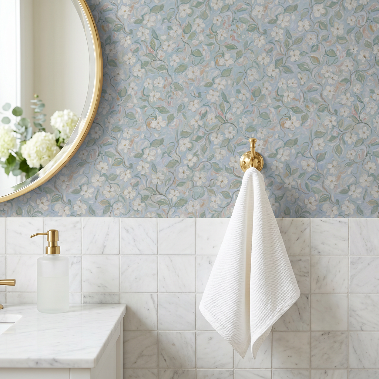 Evelyn's Eden floral wallpaper with soft blues and greens in a bathroom setting.