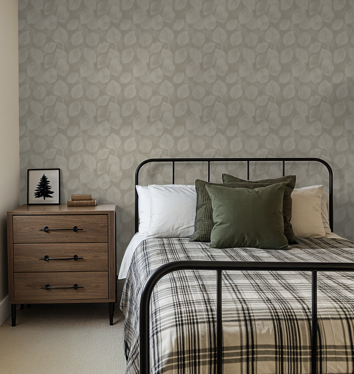 Farmhouse Camo wallpaper with leaf pattern in taupe and grey in cozy bedroom setting.