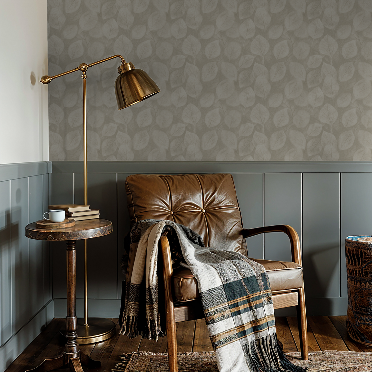 Farmhouse Camo wallpaper with leaf pattern in taupe and grey in cozy living room setting.
