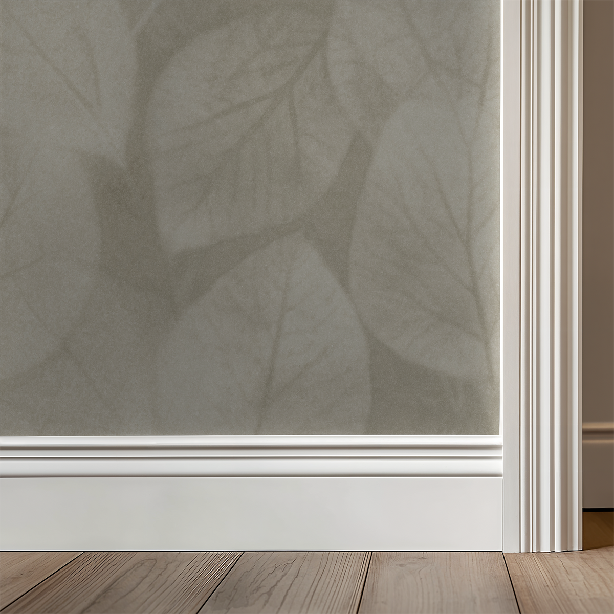 Farmhouse Camo wallpaper with muted taupe leaf pattern in rustic room setting.