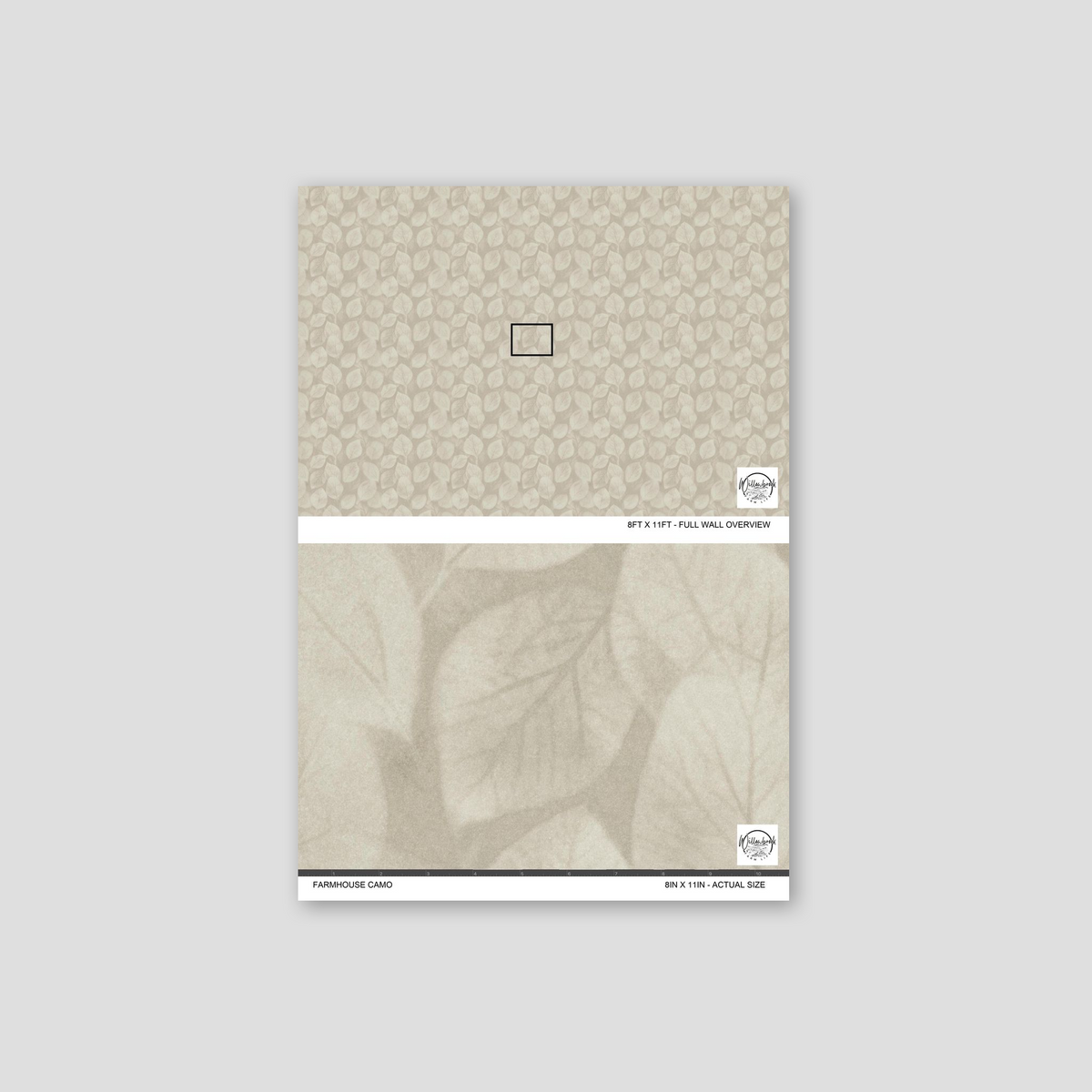 Farmhouse Camo wallpaper with taupe leaf pattern sample.