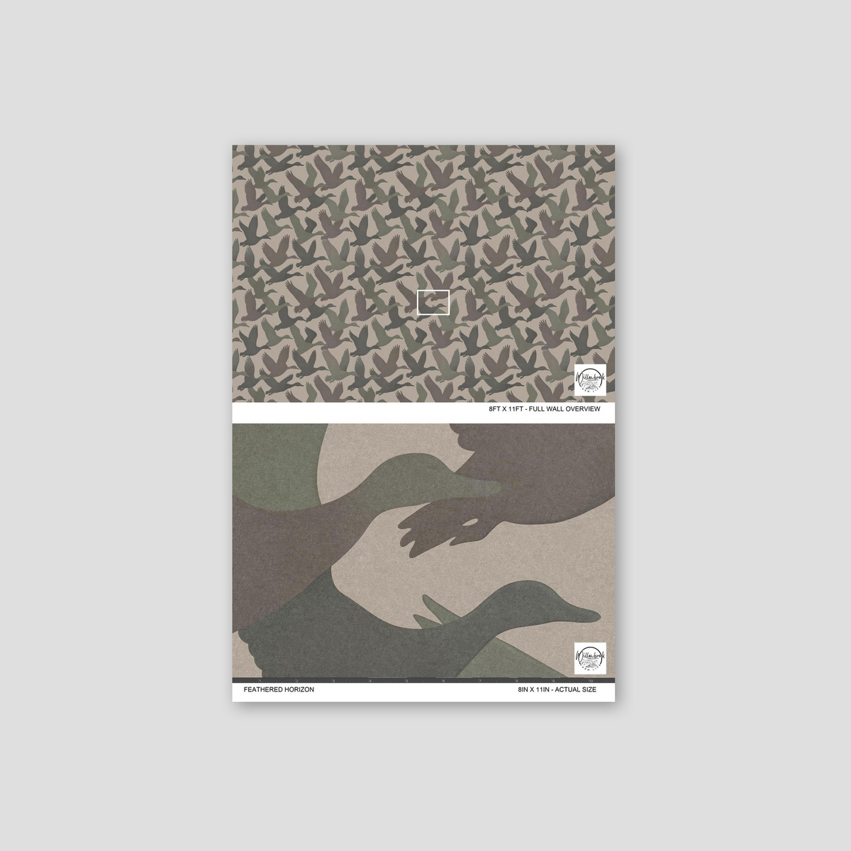 Feathered Horizon wallpaper with bird silhouettes in earth tones on a neutral backdrop.