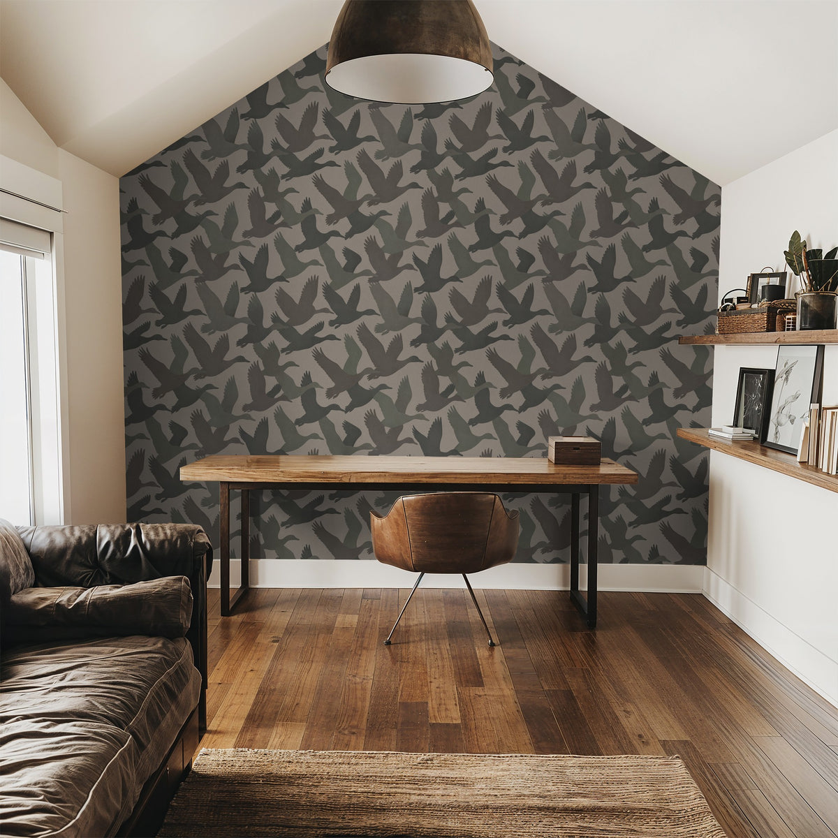 Feathered Horizon wallpaper with bird silhouettes in neutral tones in a modern office.
