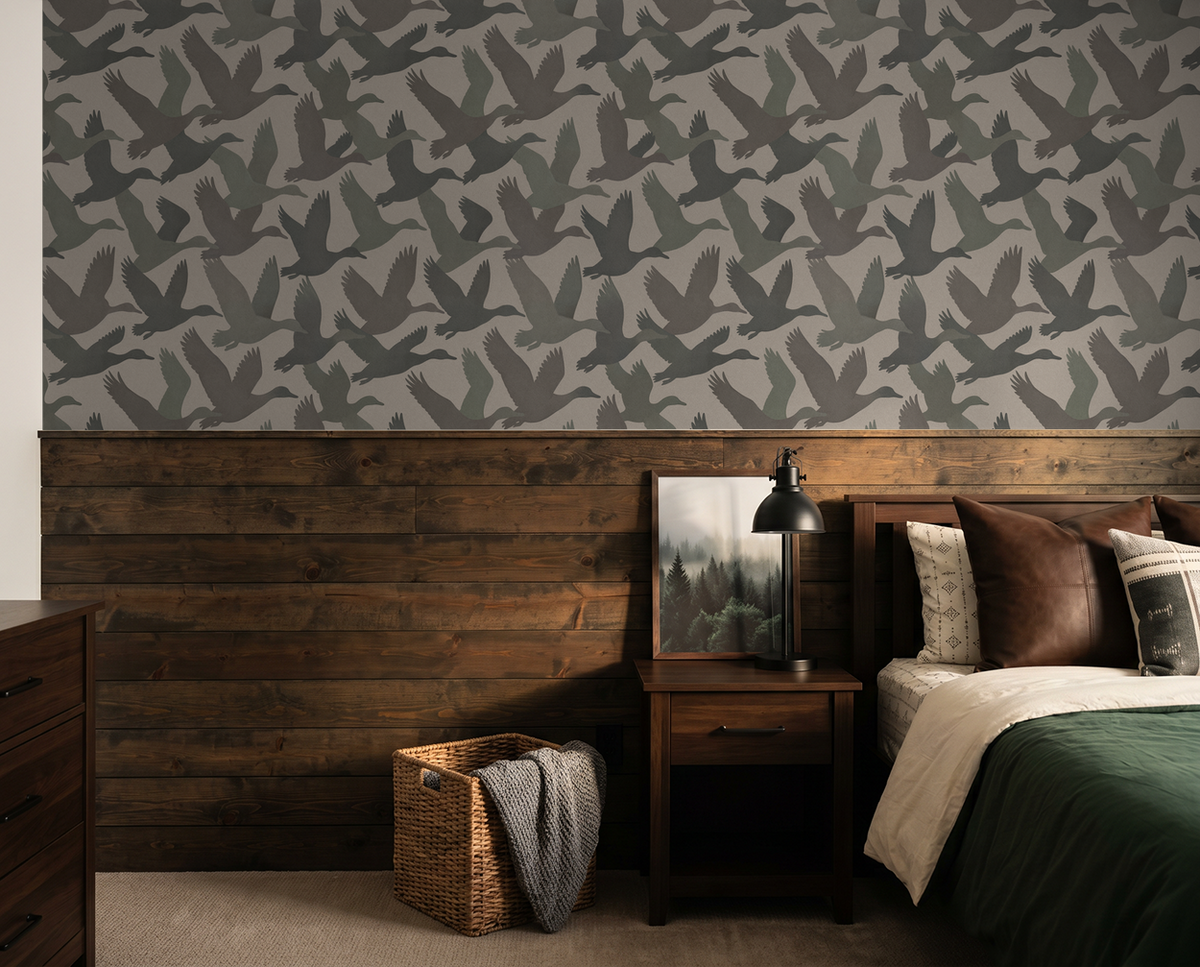 Feathered Horizon wallpaper with bird silhouettes in rustic bedroom setting.