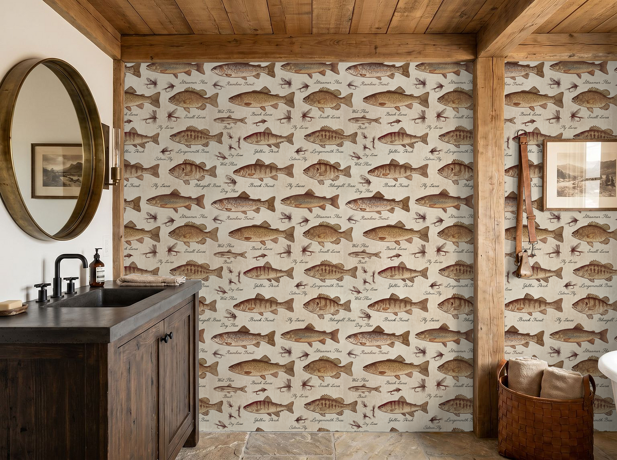 Rustic bathroom with fish lure wallpaper on beige background and wood accents.