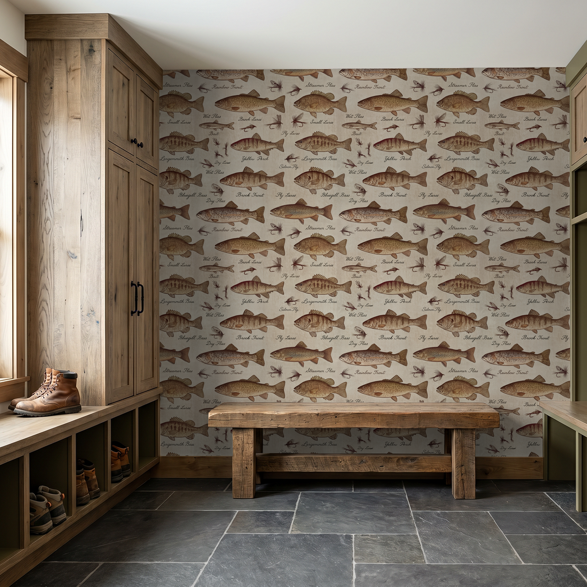 Rustic mudroom with fish pattern wallpaper in beige tones and wooden furniture.
